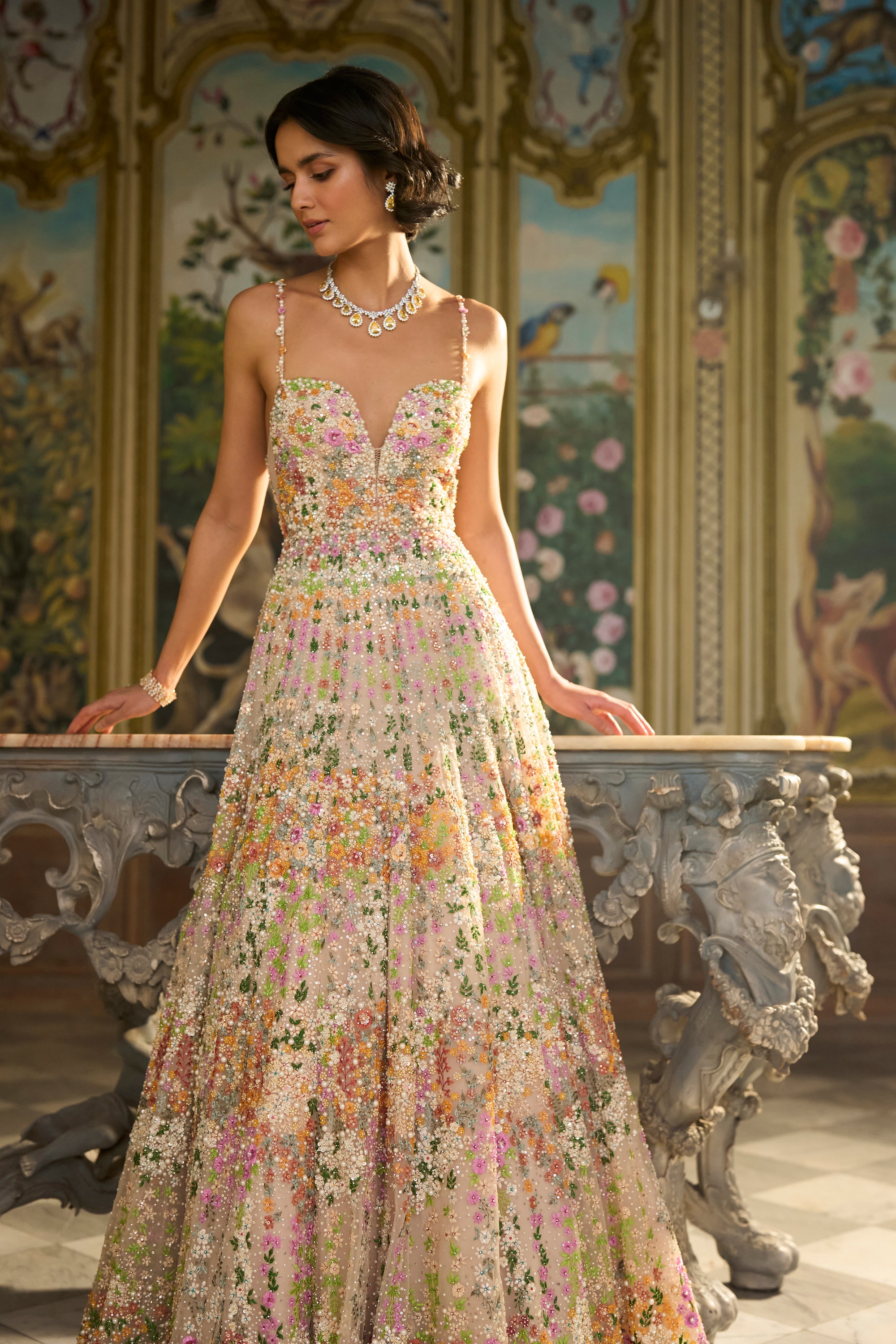 Nude Multi-Coloured Floral Gown