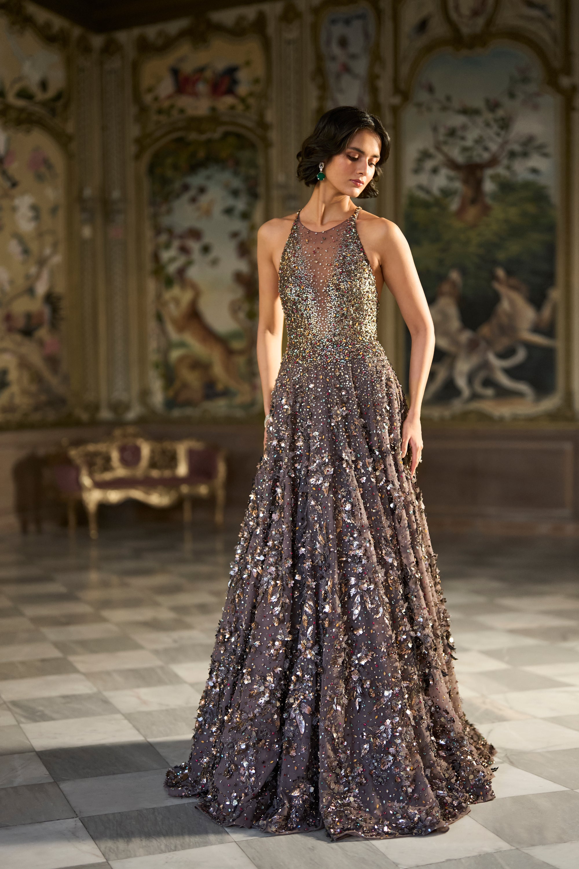 Metallic Antique Silver 3D Gown