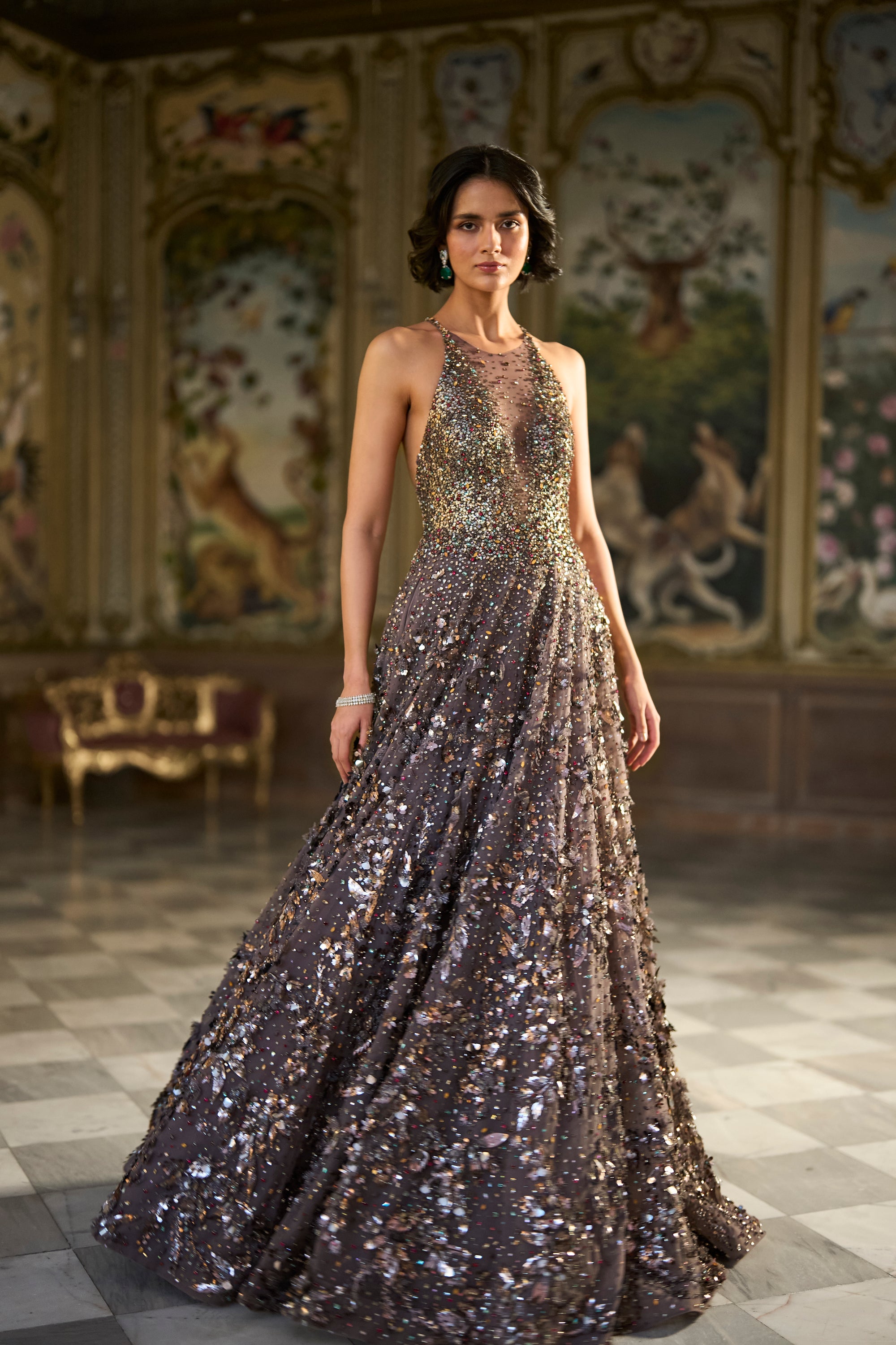 Metallic Antique Silver 3D Gown