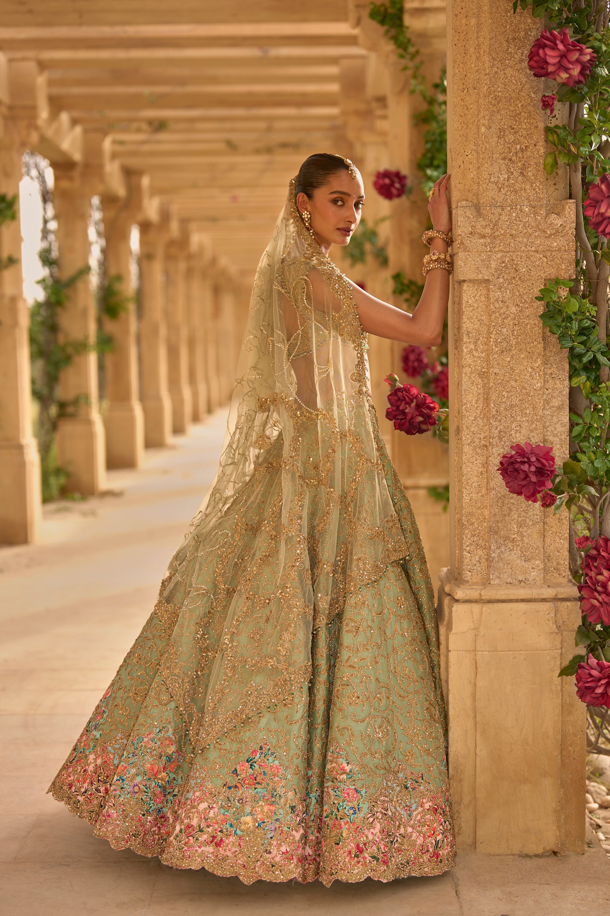 Sage Green Applique Work Lehenga Set