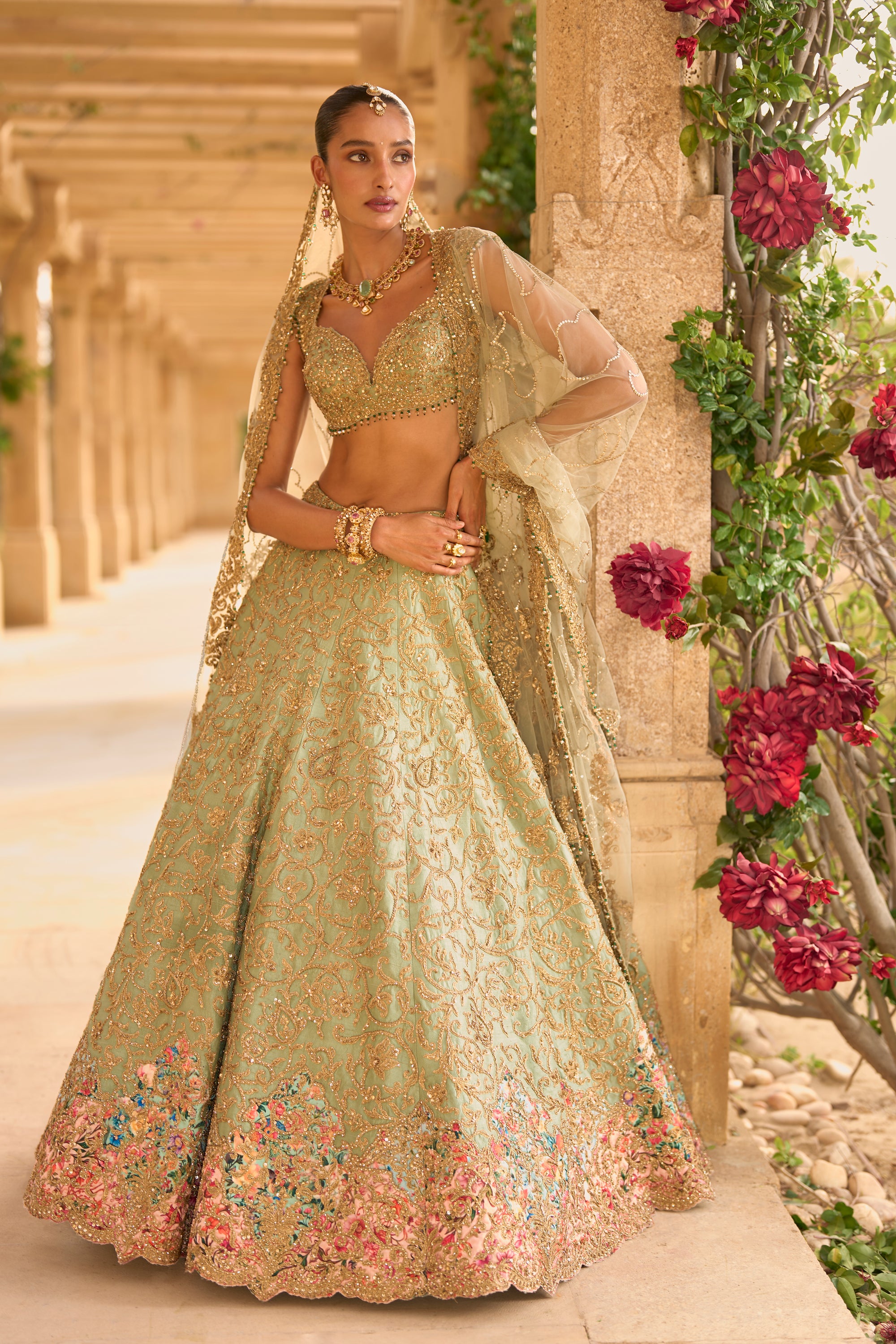 Sage Green Applique Work Lehenga Set