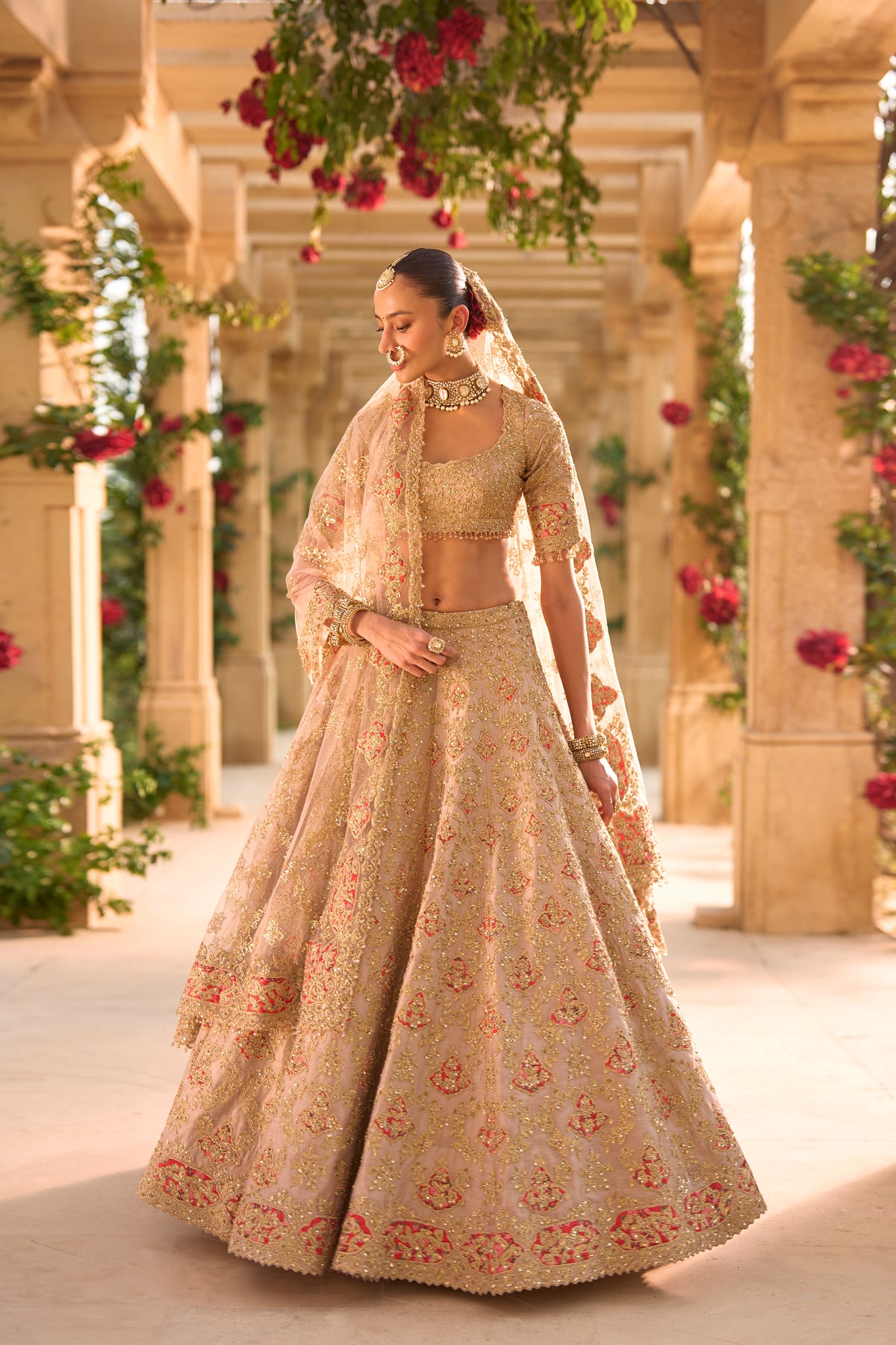 Nude Gold Applique Work Lehenga Set