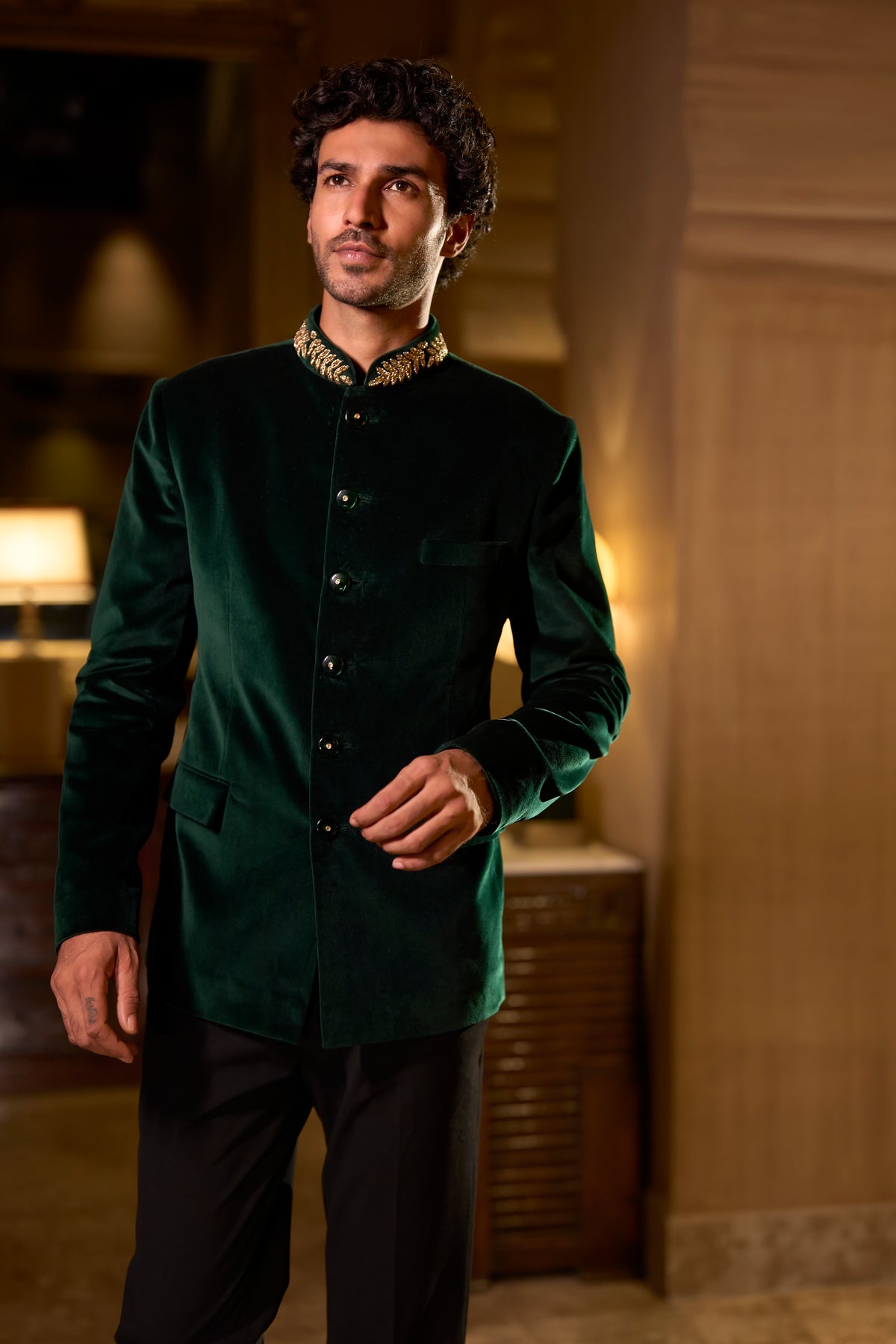 Emerald Green Velvet Bandhgala Set