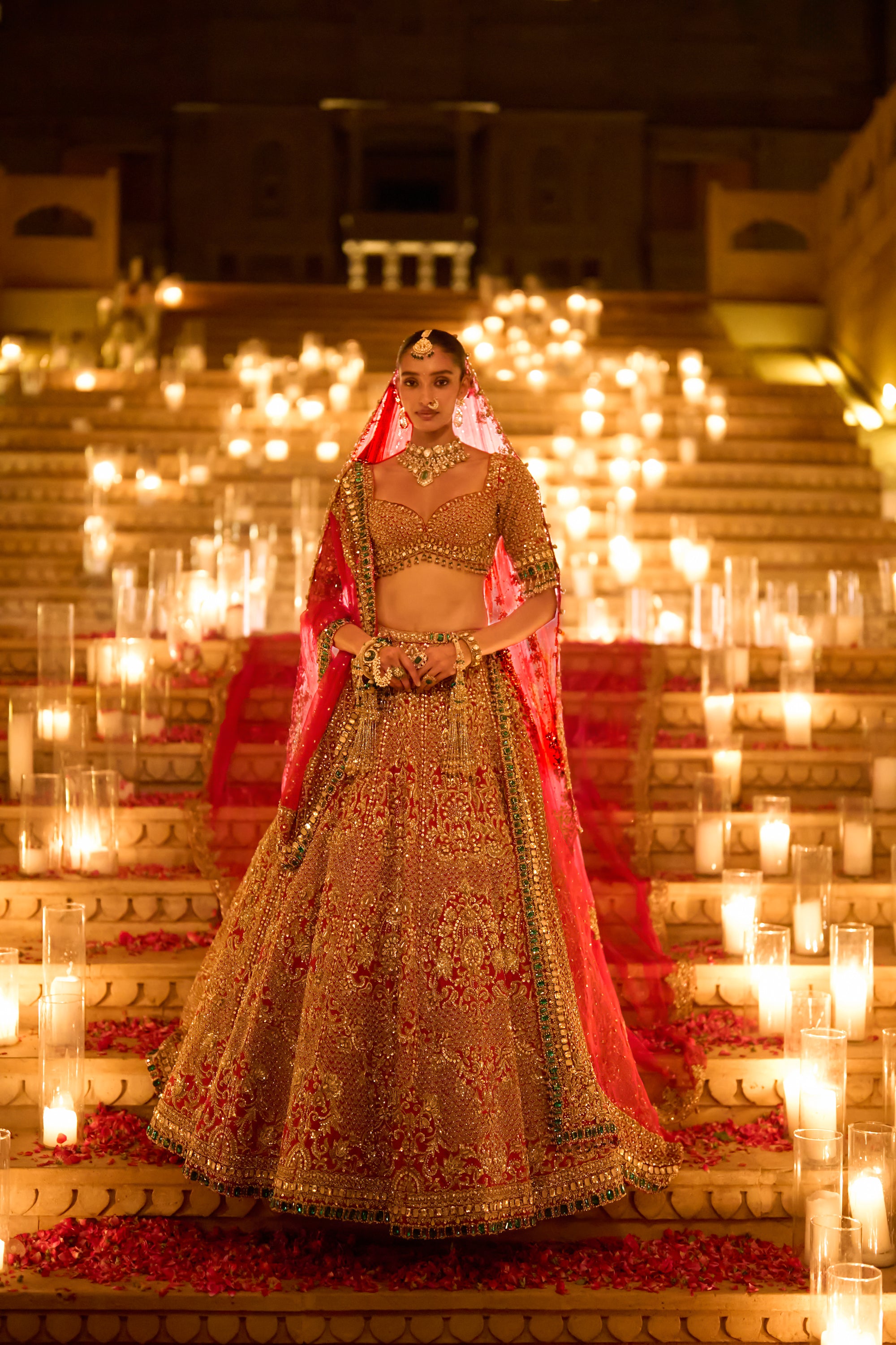 Red &amp; Emerald Zardosi Lehenga Set