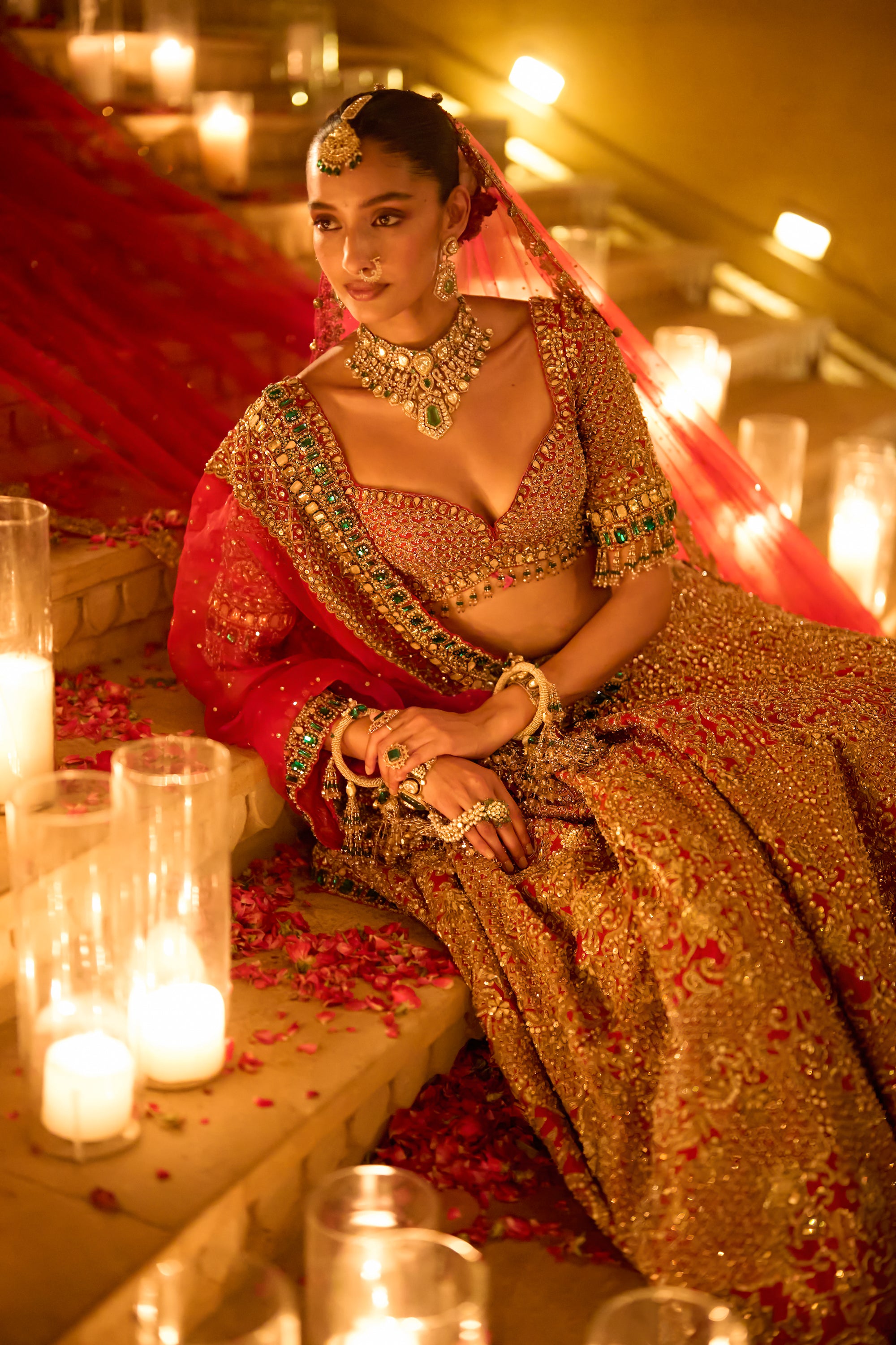Red &amp; Emerald Zardosi Lehenga Set