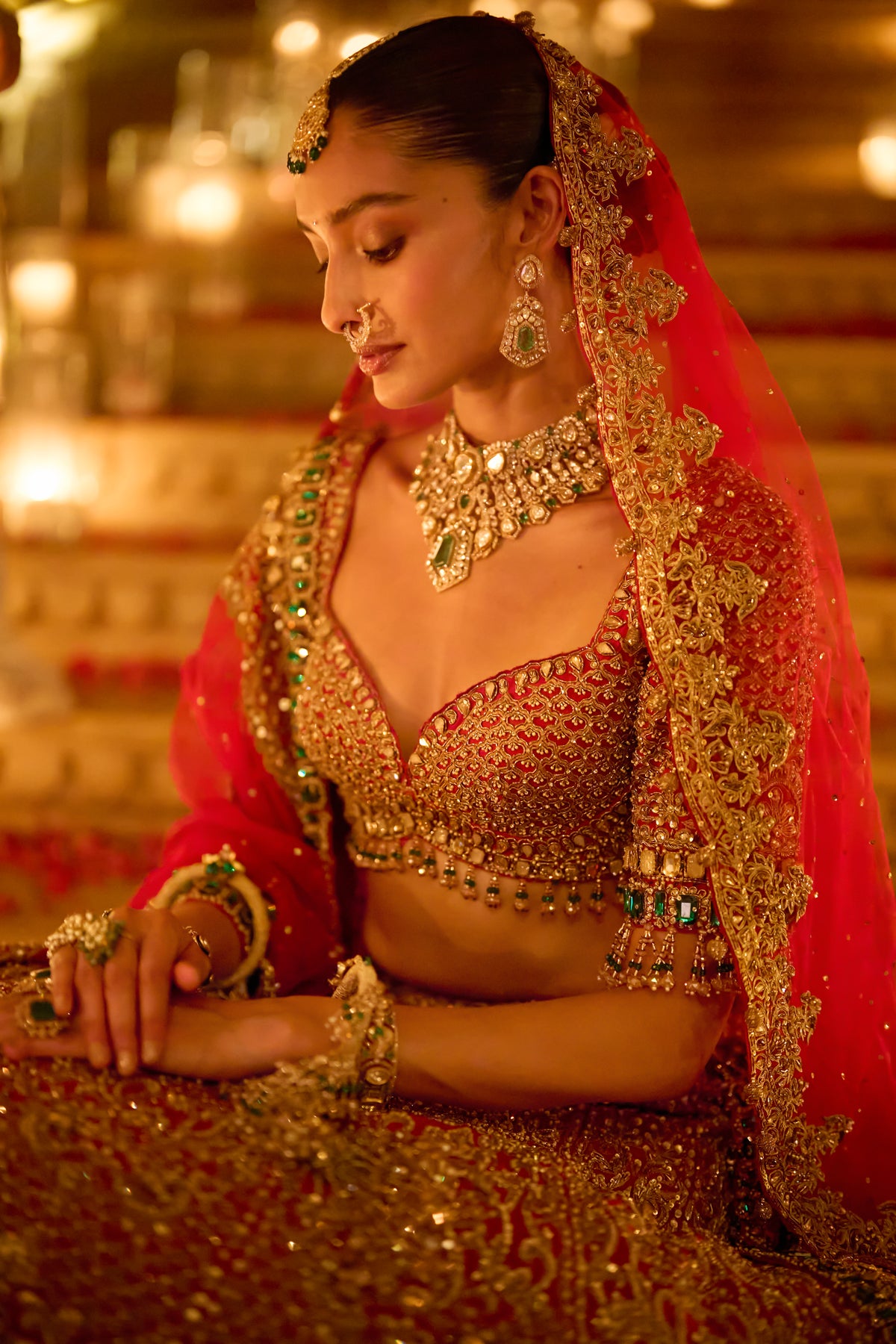 Red &amp; Emerald Zardosi Lehenga Set