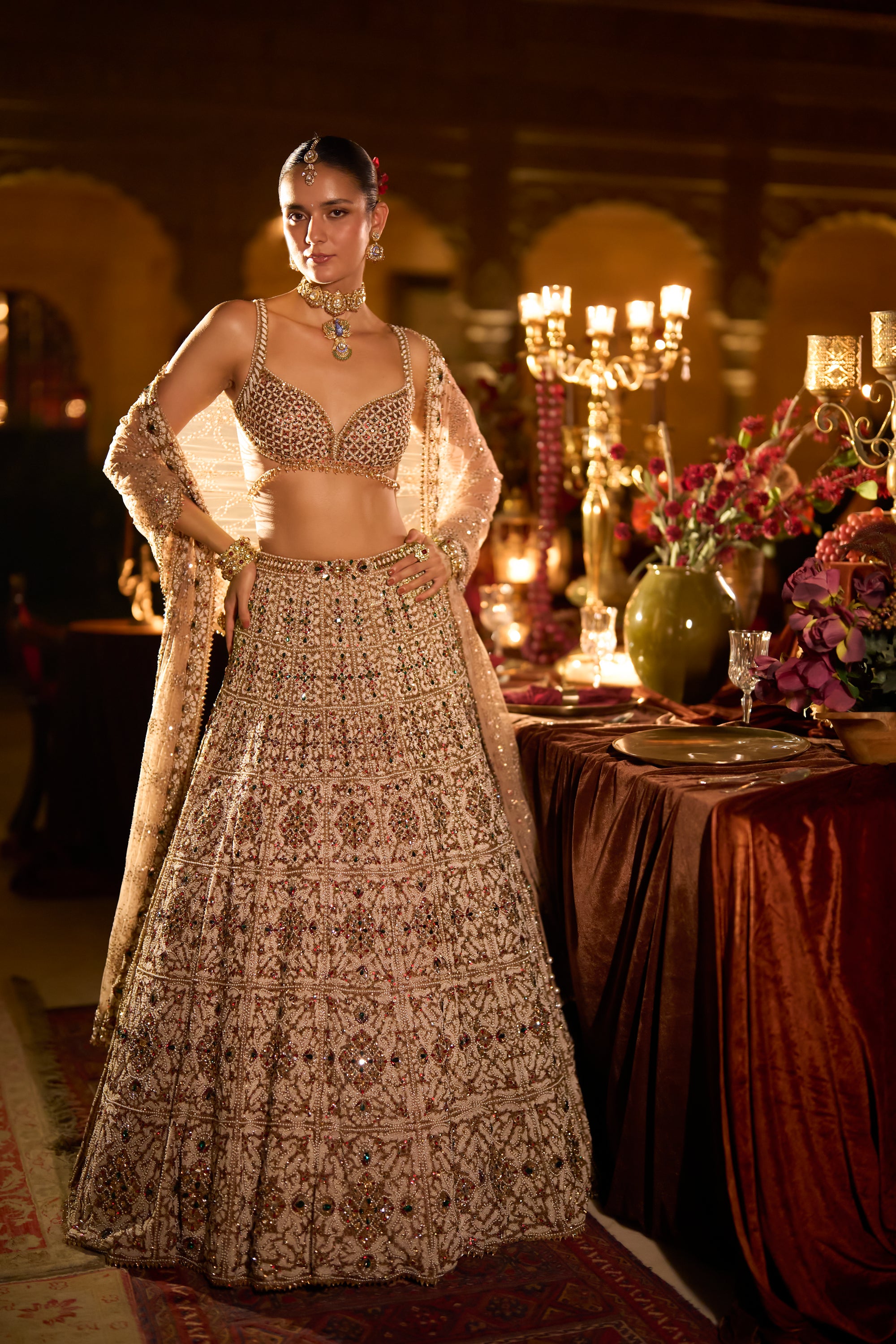 Ruby &amp; Emerald Pearl Lehenga Set