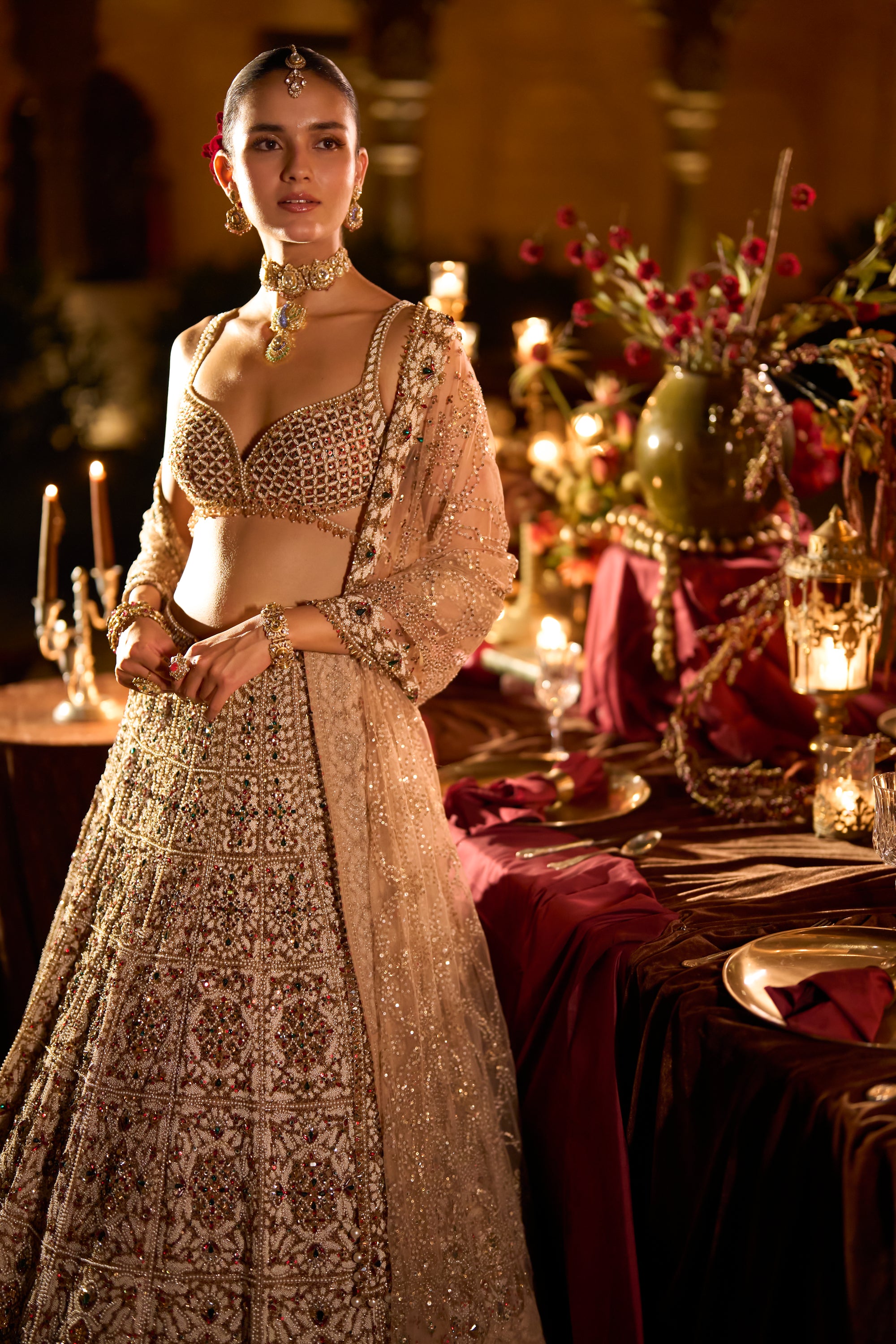 Ruby &amp; Emerald Pearl Lehenga Set