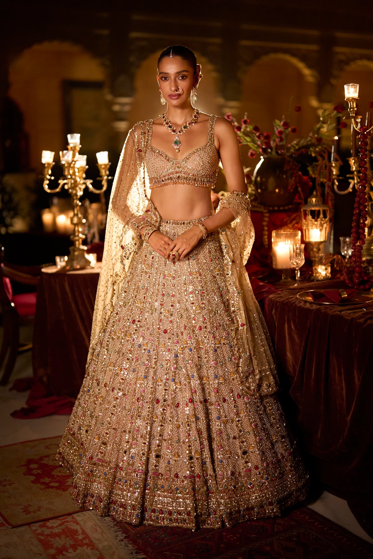 Multi-Coloured Stone &amp; Pearl Lehenga Set