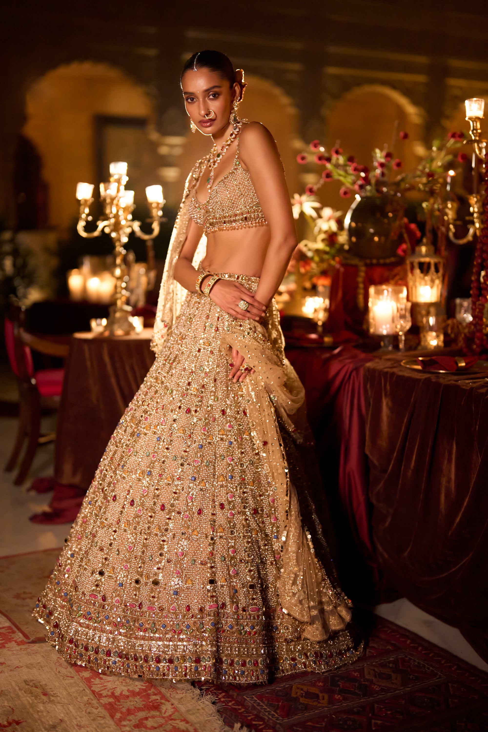 Multi-Coloured Stone &amp; Pearl Lehenga Set