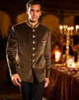 Olive Green Velvet Bandhgala Set