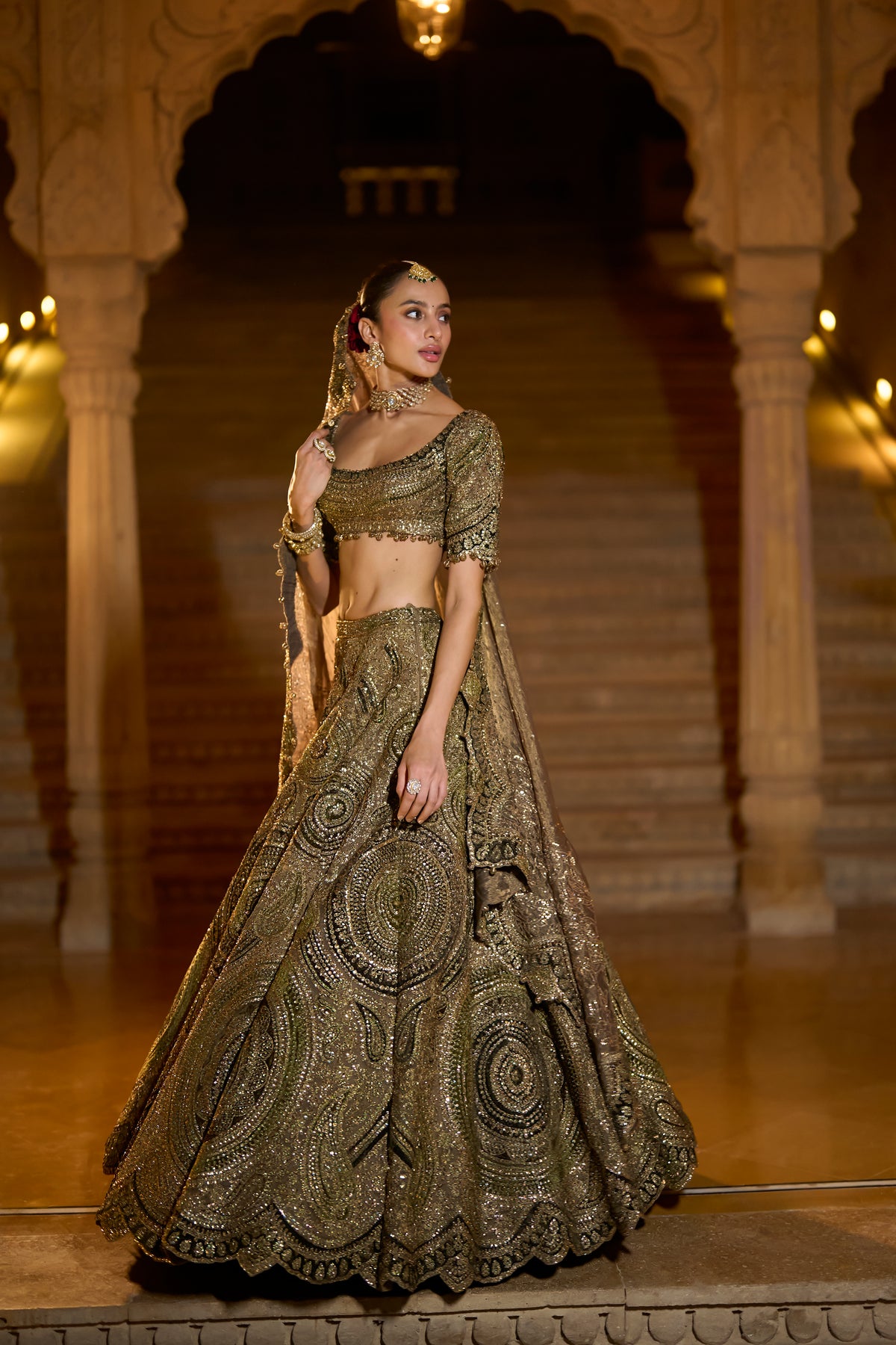 Moss Green Applique Lehenga Set