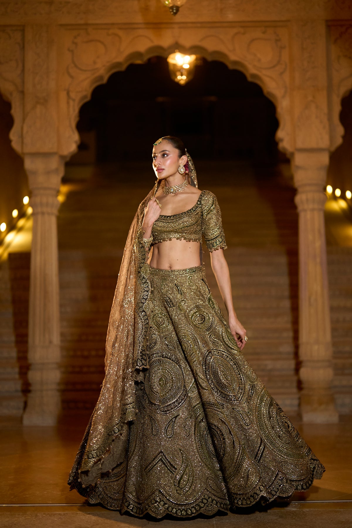 Moss Green Applique Lehenga Set