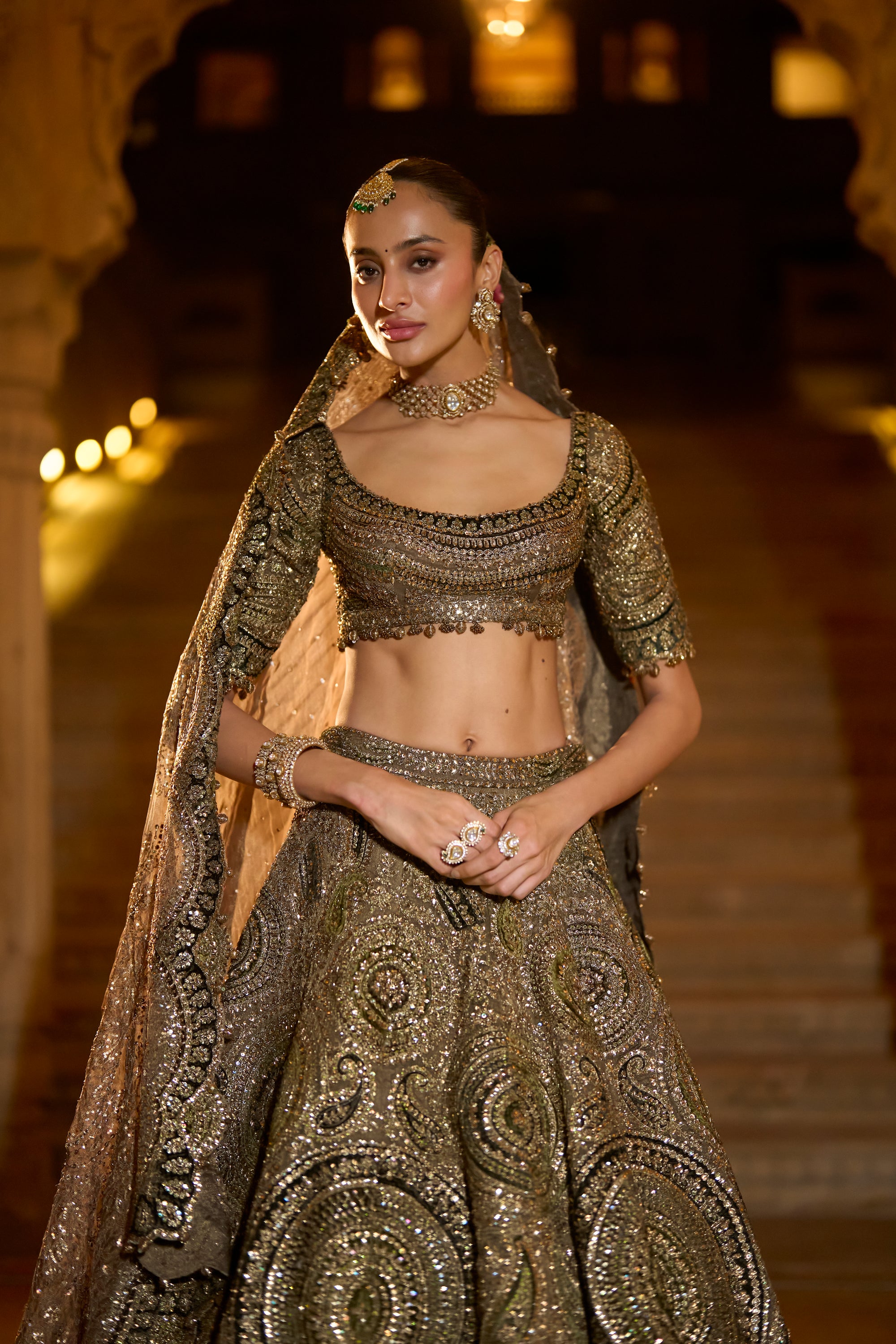Moss Green Applique Lehenga Set