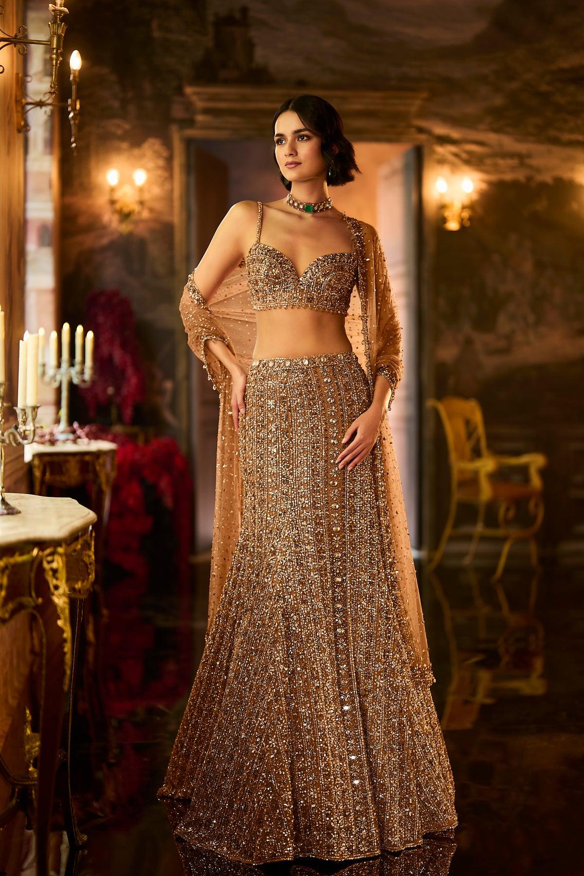 Antique Gold Crystal Fit &amp; Flare Skirt Set