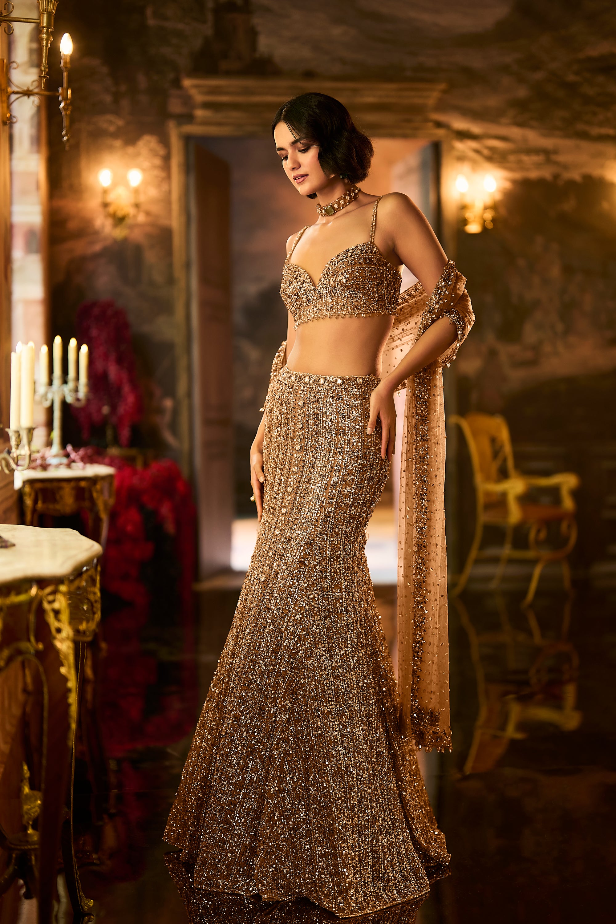 Antique Gold Crystal Fit &amp; Flare Skirt Set