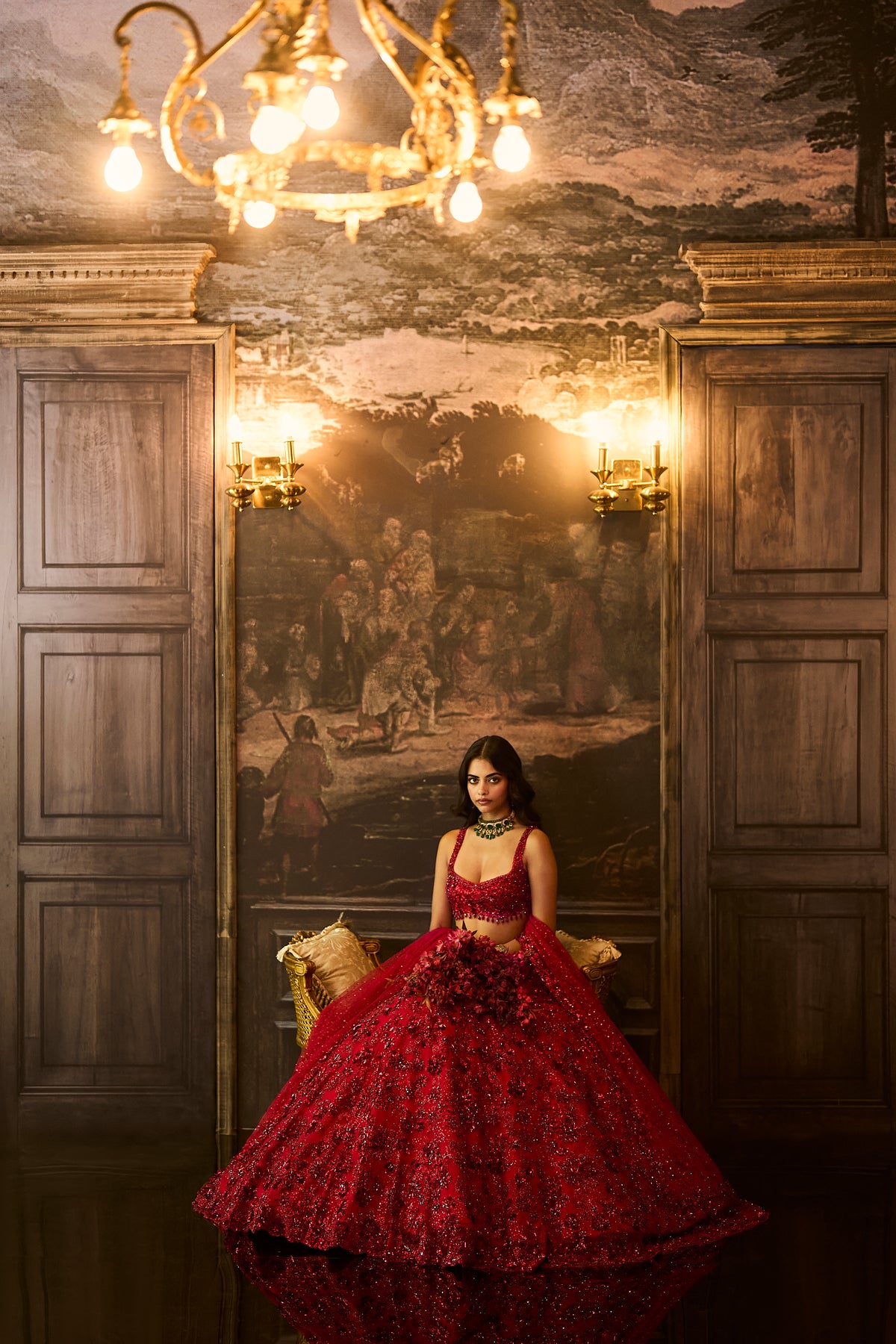 Red Sequin &amp; Crystal Lehenga Set