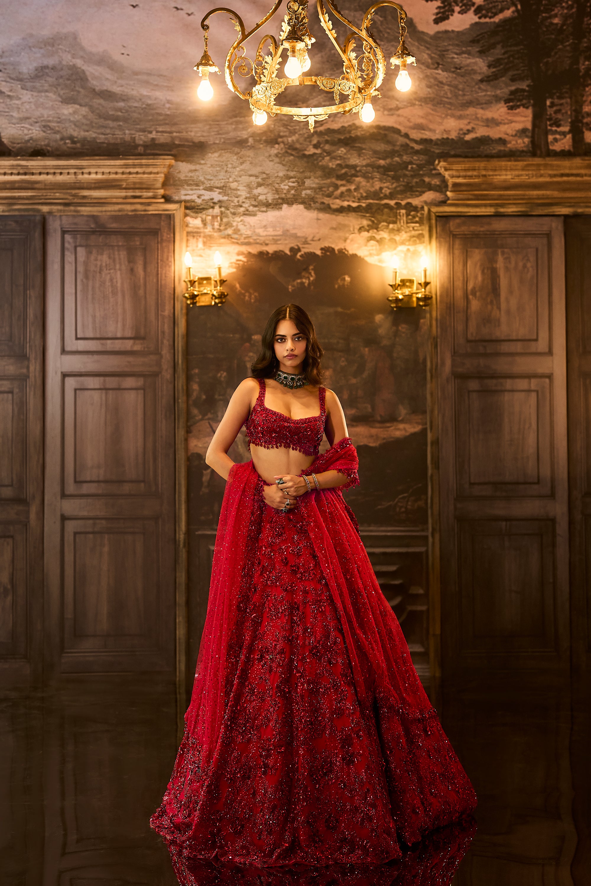 Red Sequin &amp; Crystal Lehenga Set