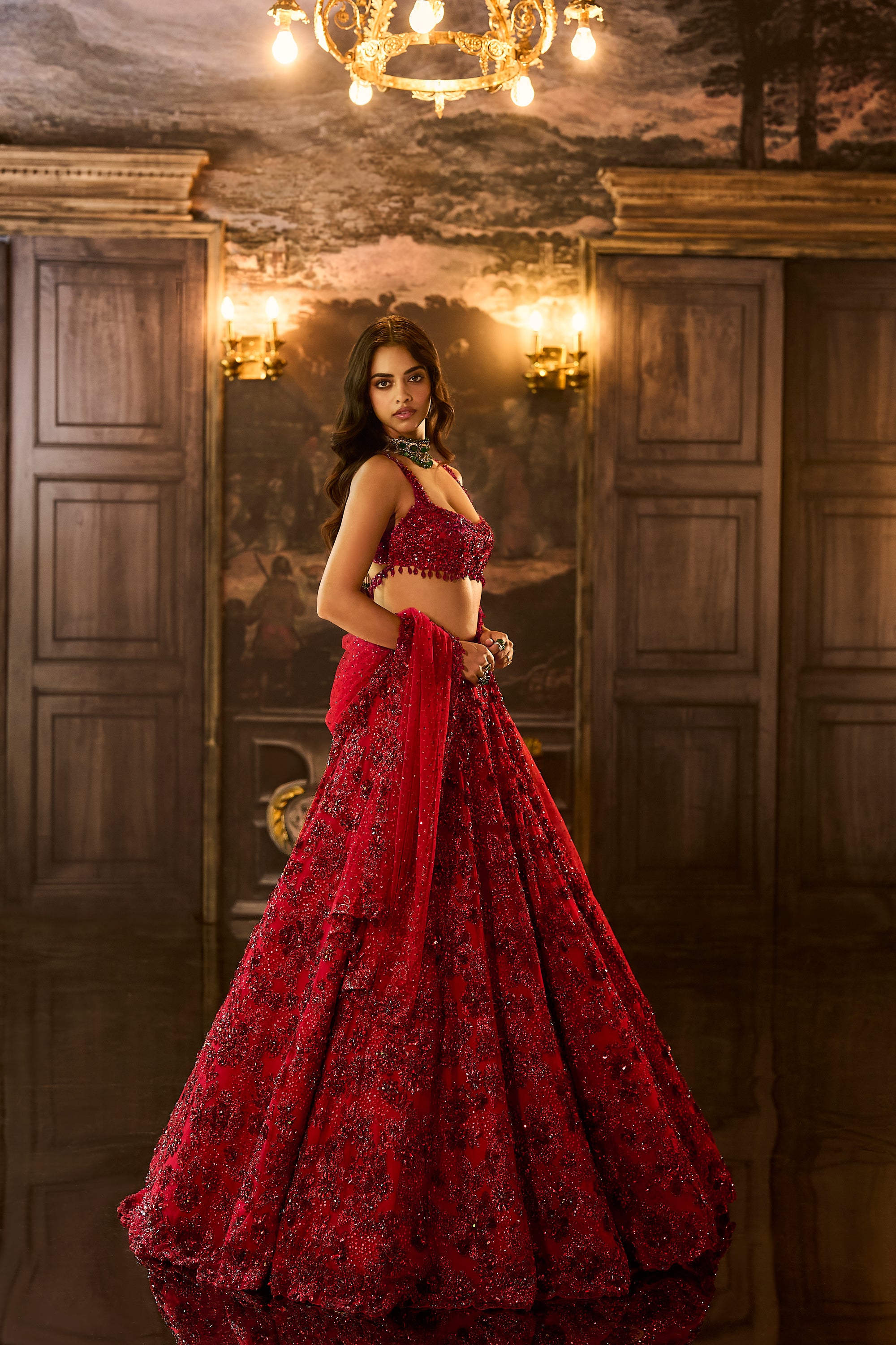 Red Sequin &amp; Crystal Lehenga Set