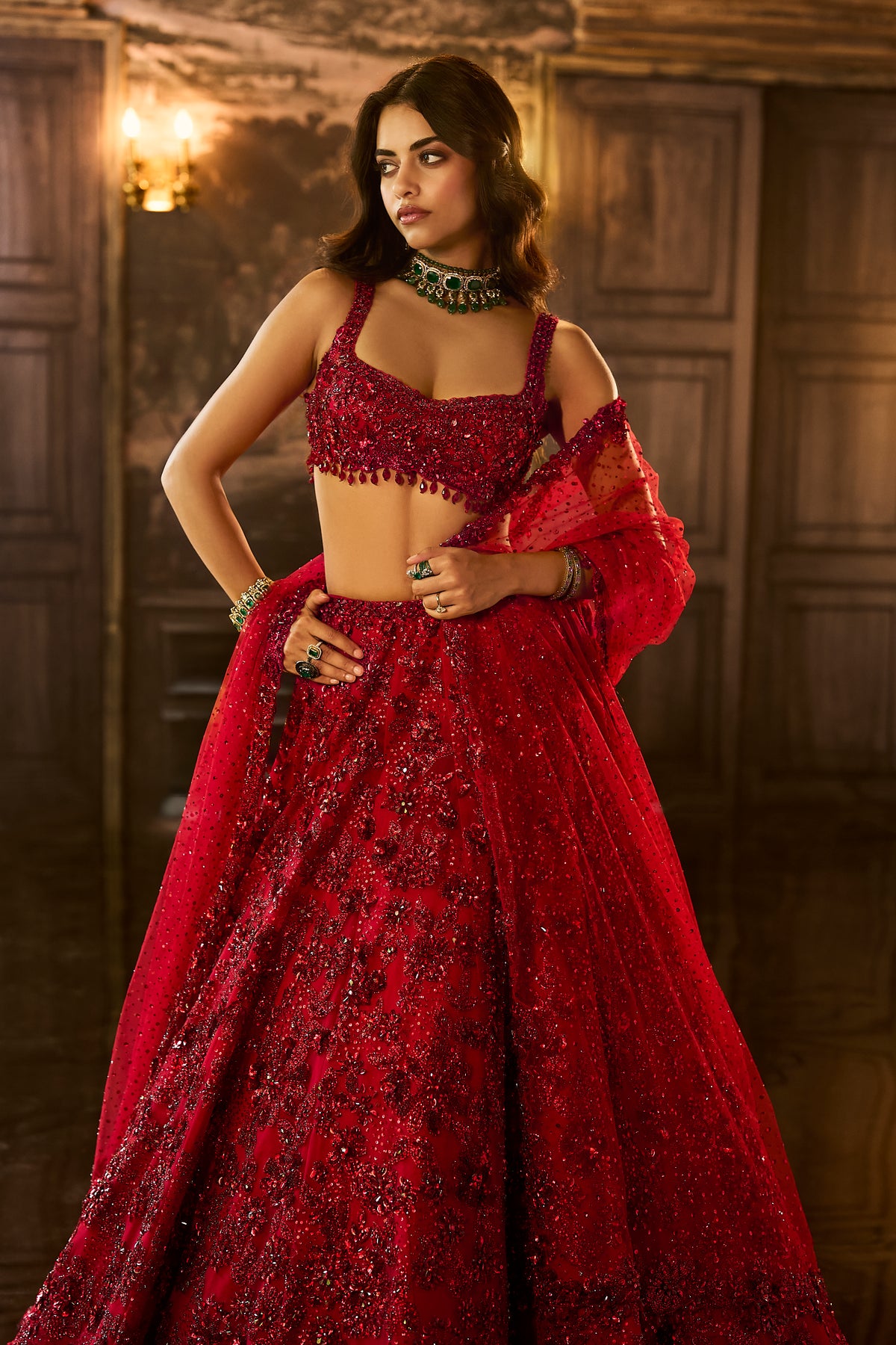Red Sequin &amp; Crystal Lehenga Set