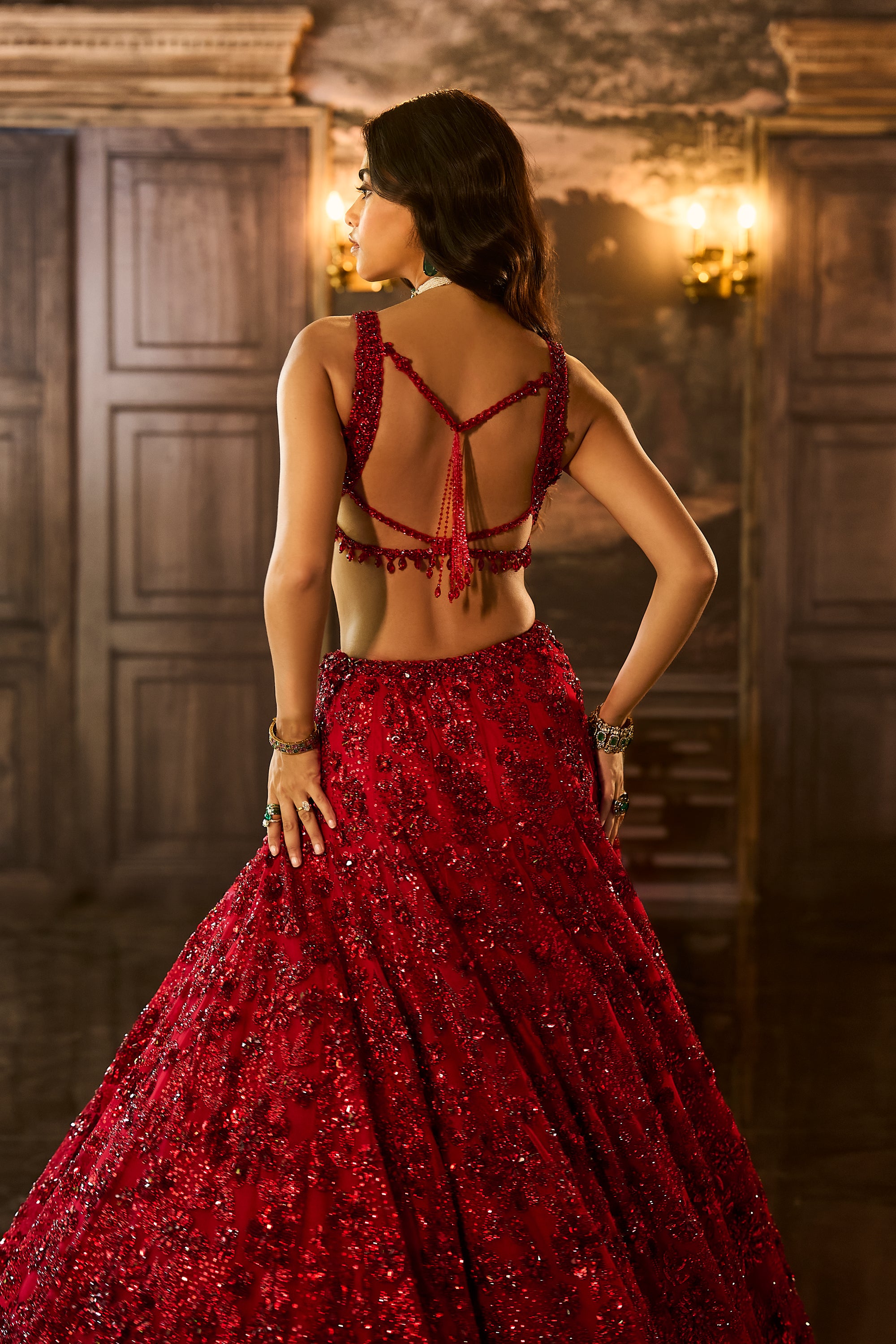 Red Sequin &amp; Crystal Lehenga Set