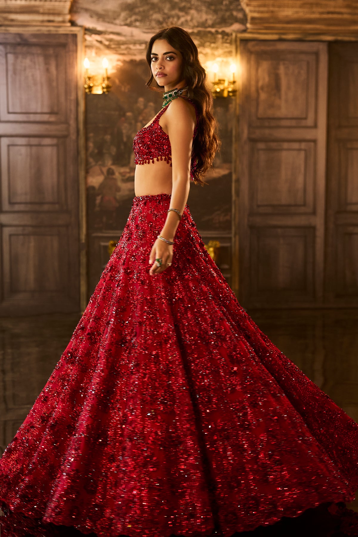 Red Sequin &amp; Crystal Lehenga Set