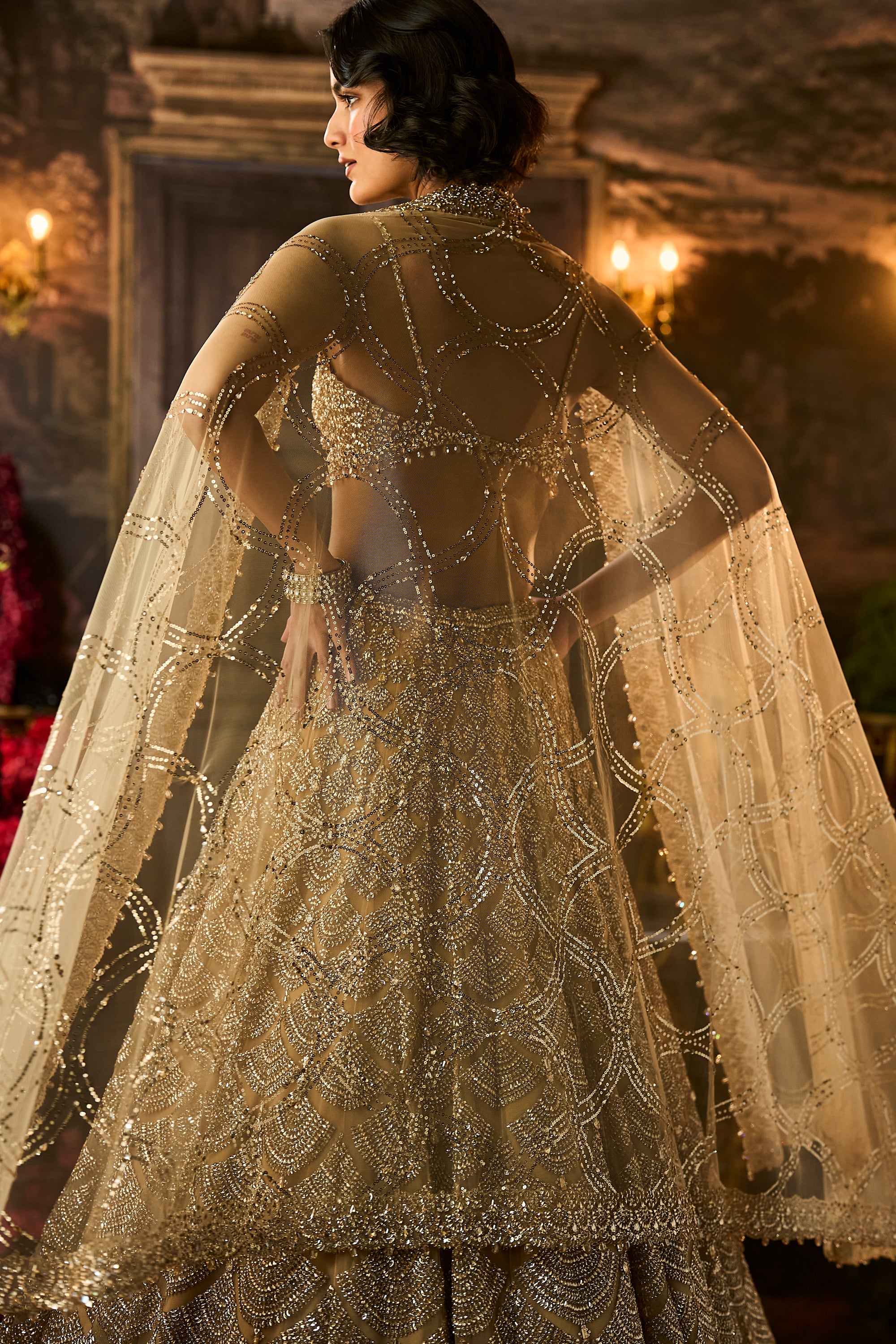 Gold Sequin &amp; Crystal Lehenga Set