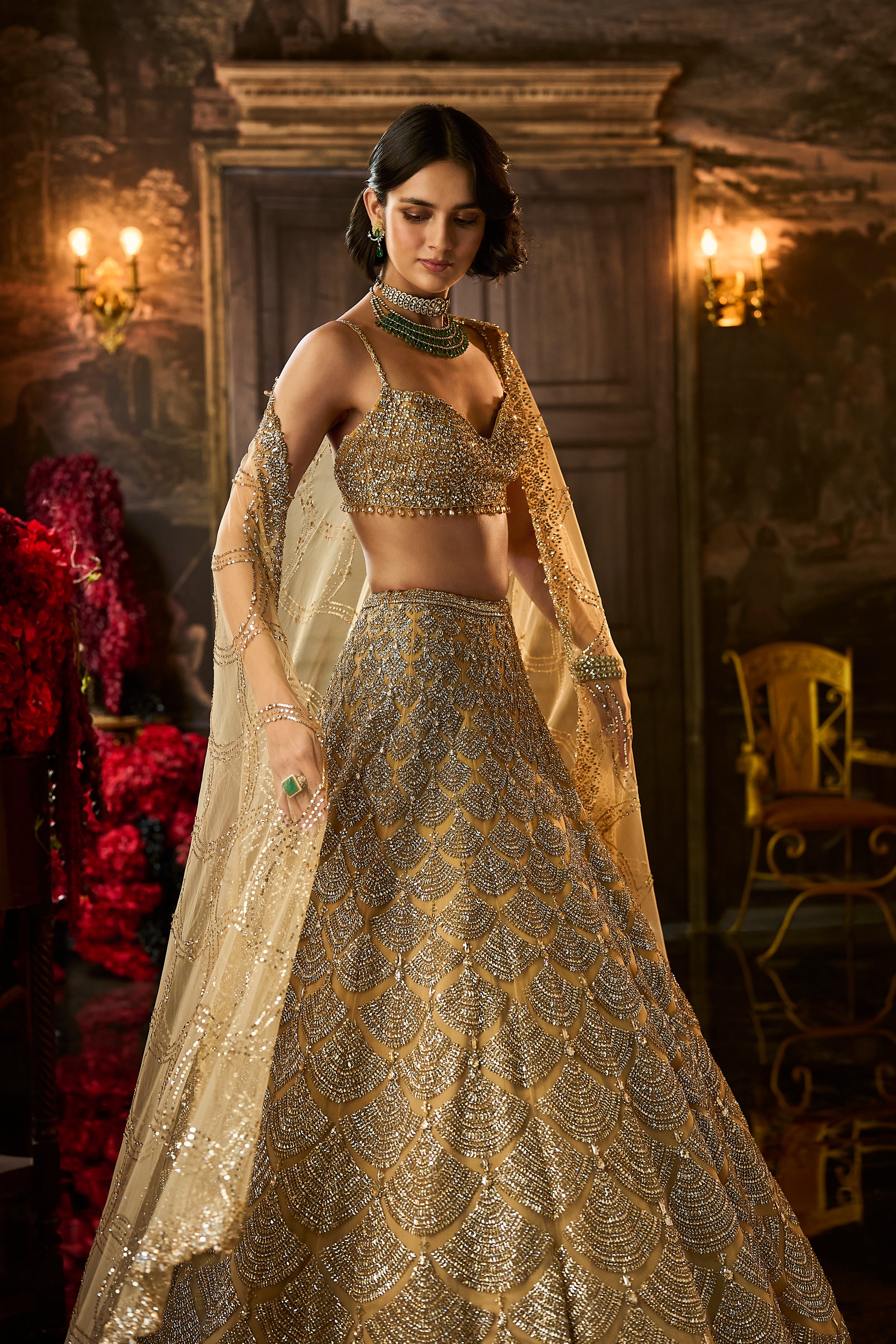 Gold Sequin &amp; Crystal Lehenga Set