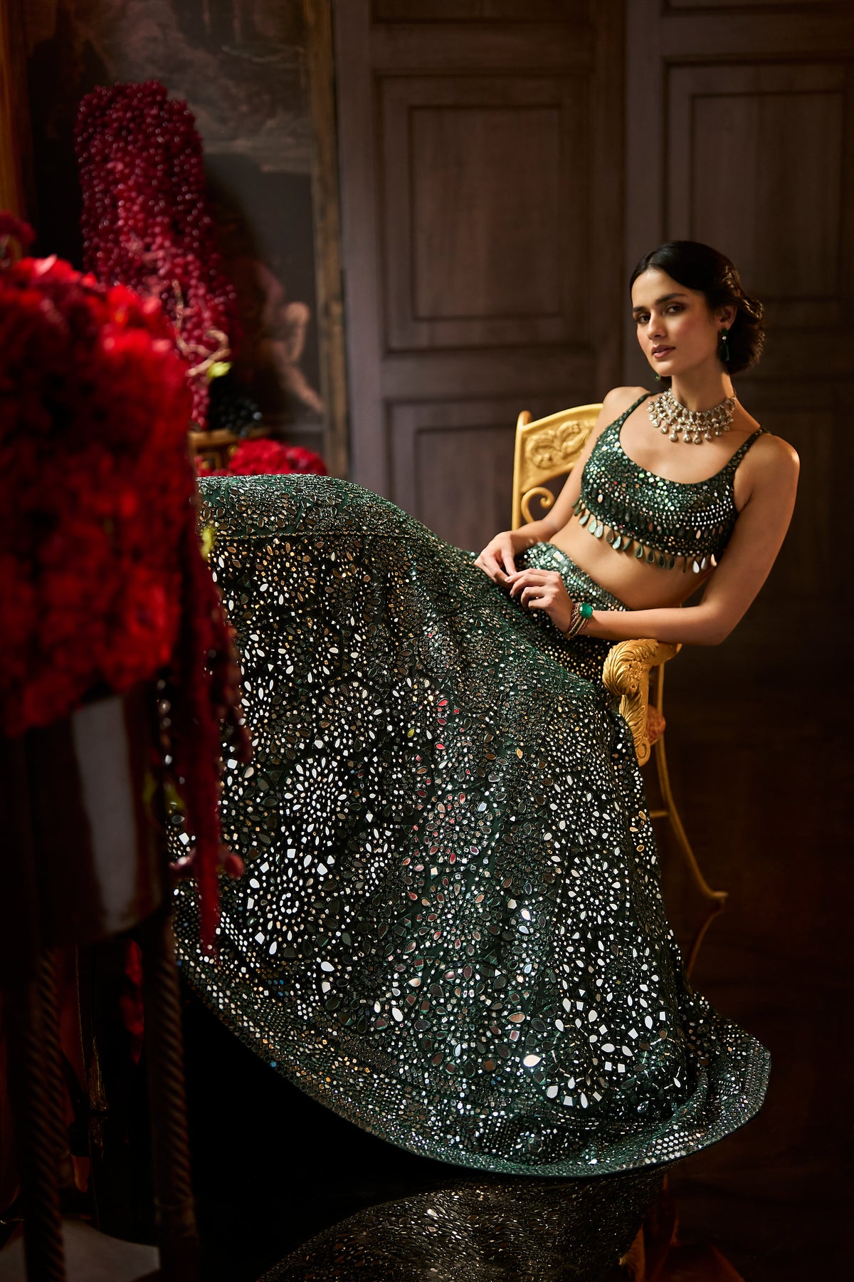Dark Green Mirror Work Lehenga Set