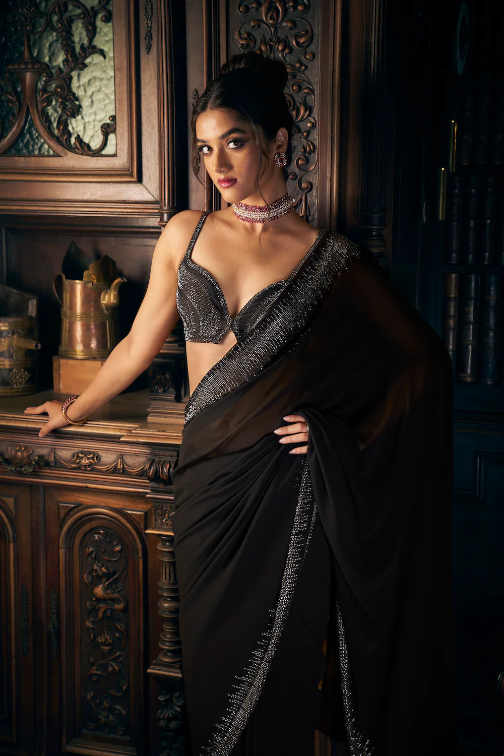 Black Crystal Georgette Saree 3