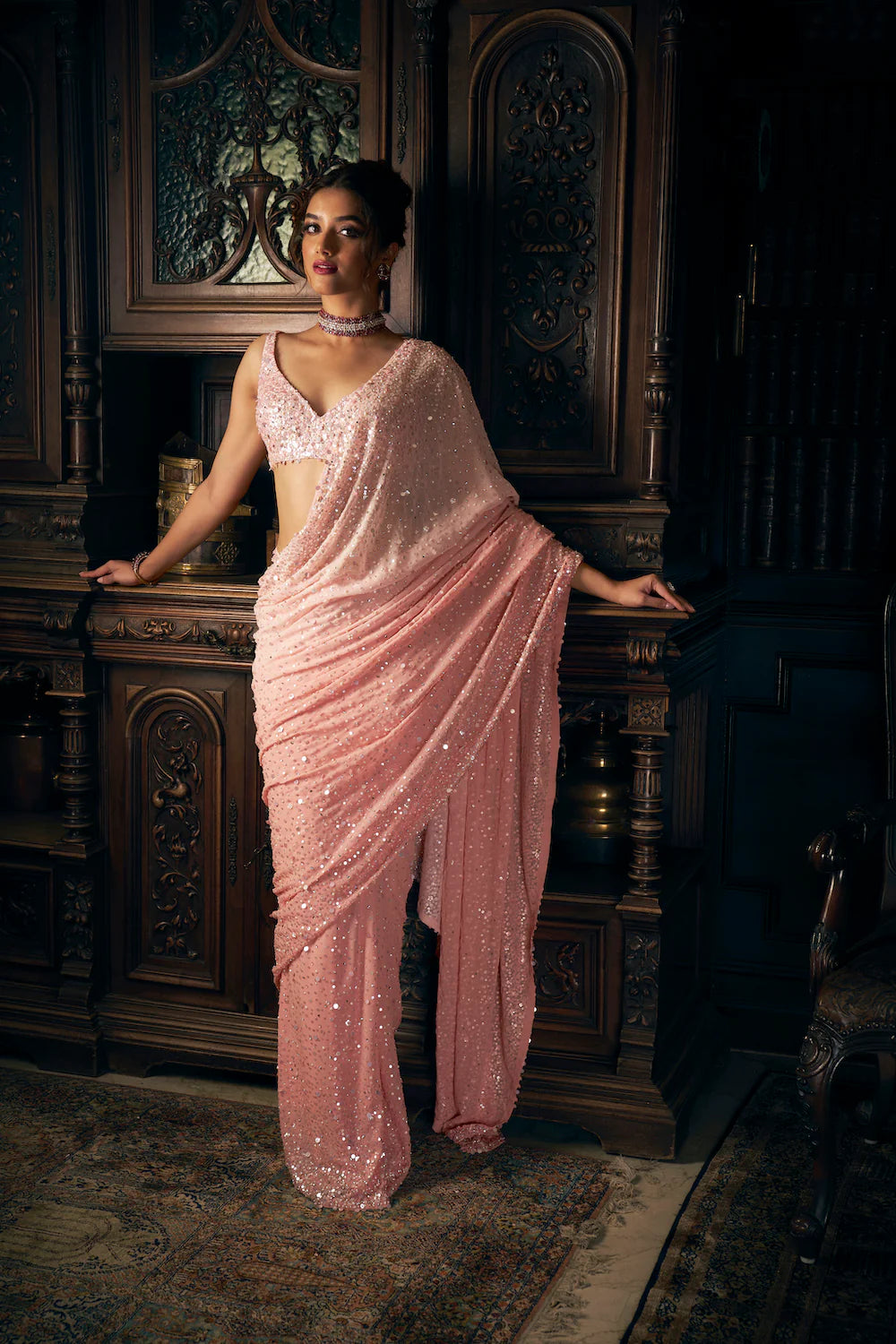 Pink Sequin Georgette Saree 2