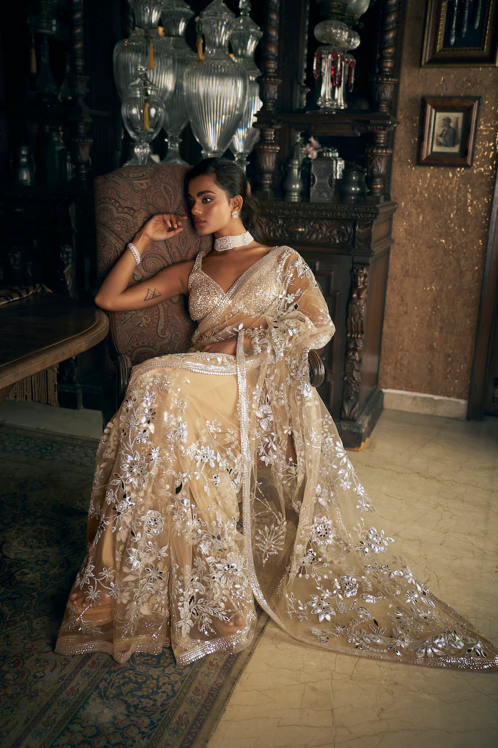 Nude Silver Applique Saree 1