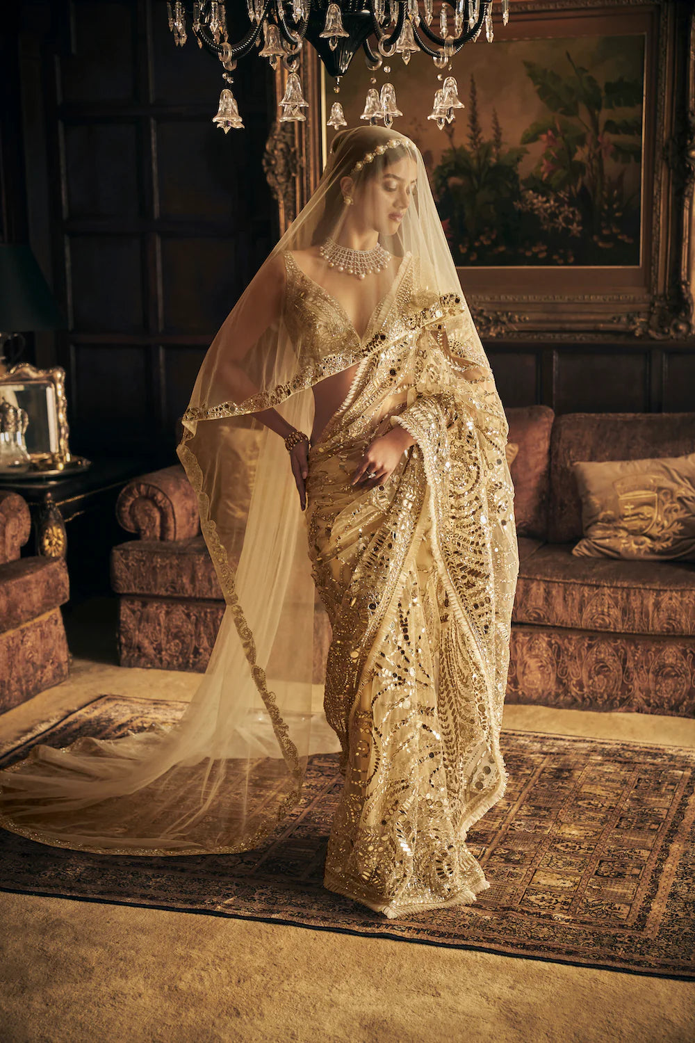 Cream Gold Mirror Work Saree 1