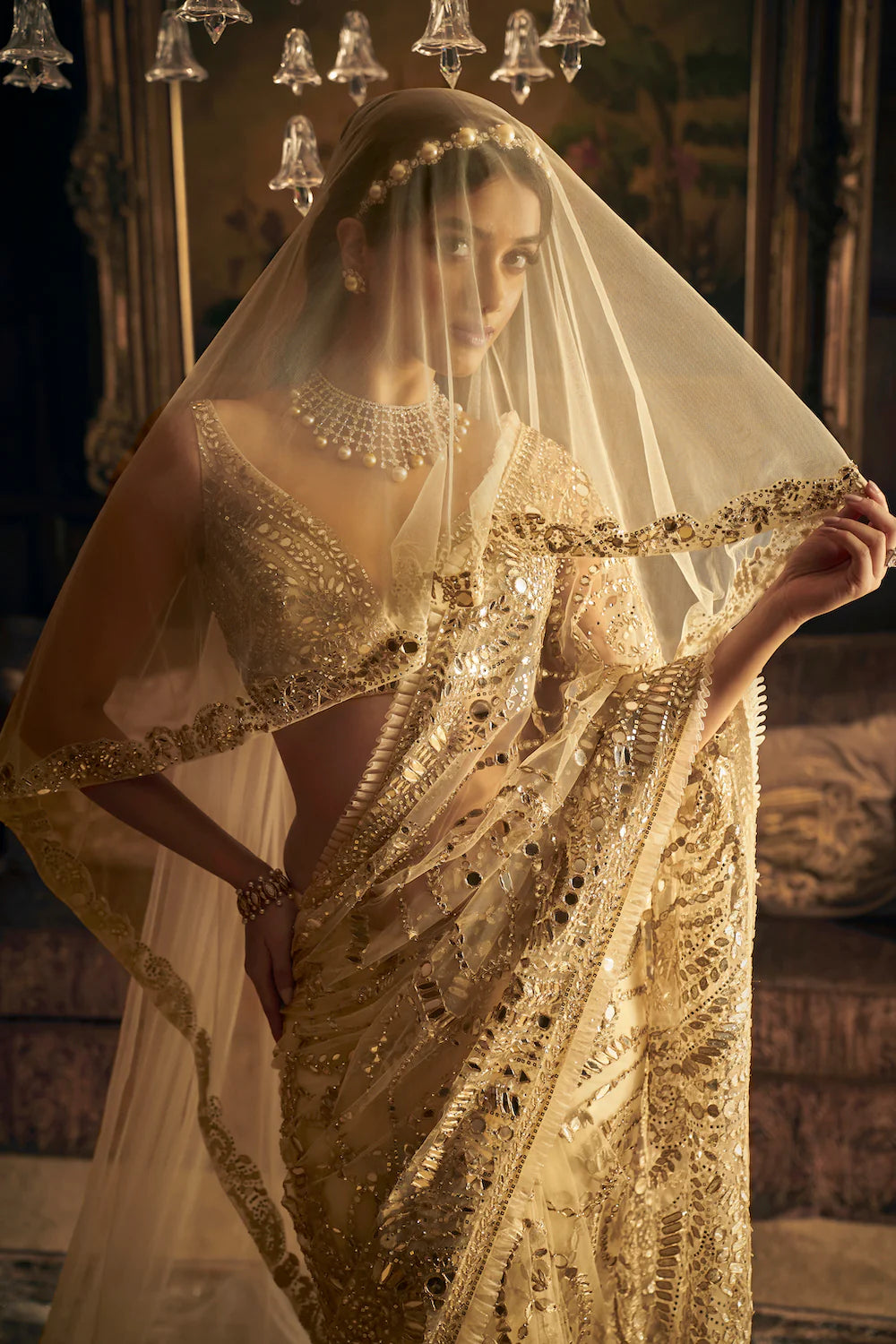 Cream Gold Mirror Work Saree 2