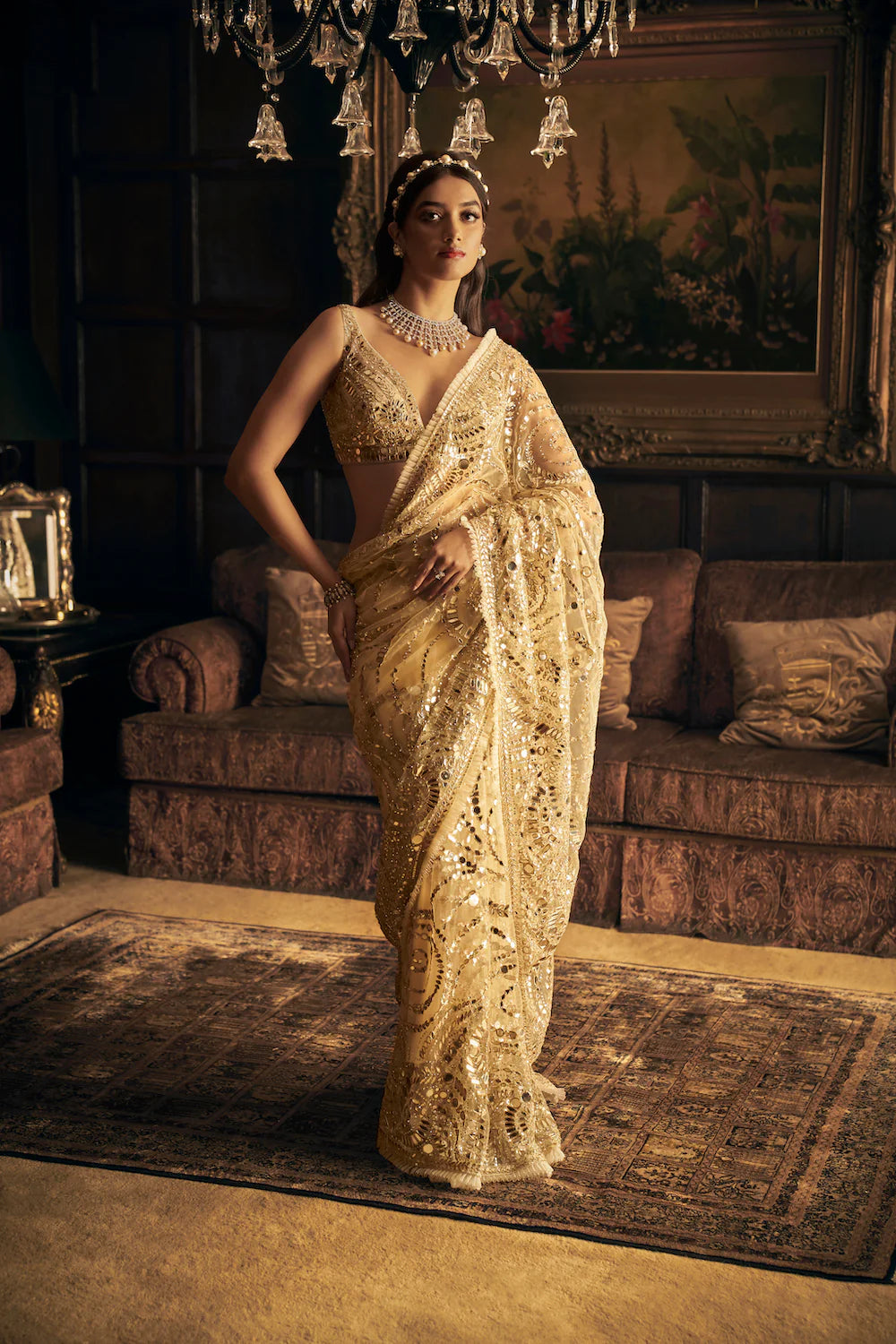 Cream Gold Mirror Work Saree 3