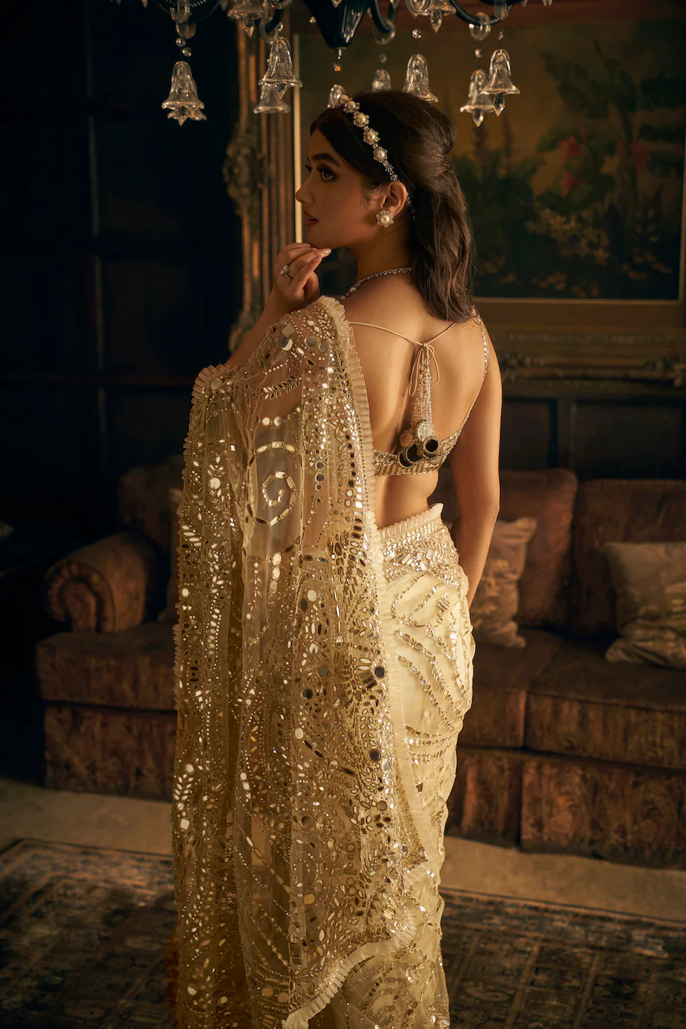 Cream Gold Mirror Work Saree 4