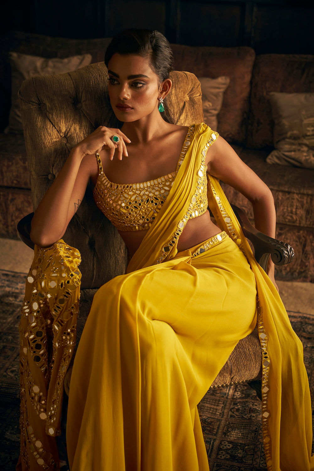 Yellow Mirror Work Stitched & Jacket Saree 2