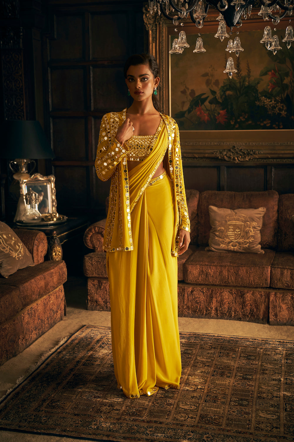Yellow Mirror Work Stitched & Jacket Saree 3