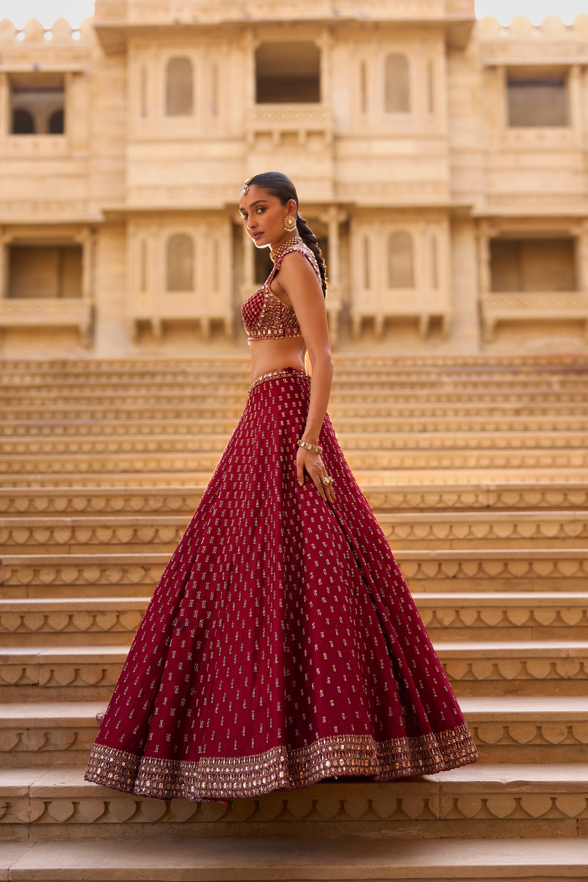 Dark Red Gold Zardosi Lehenga Set