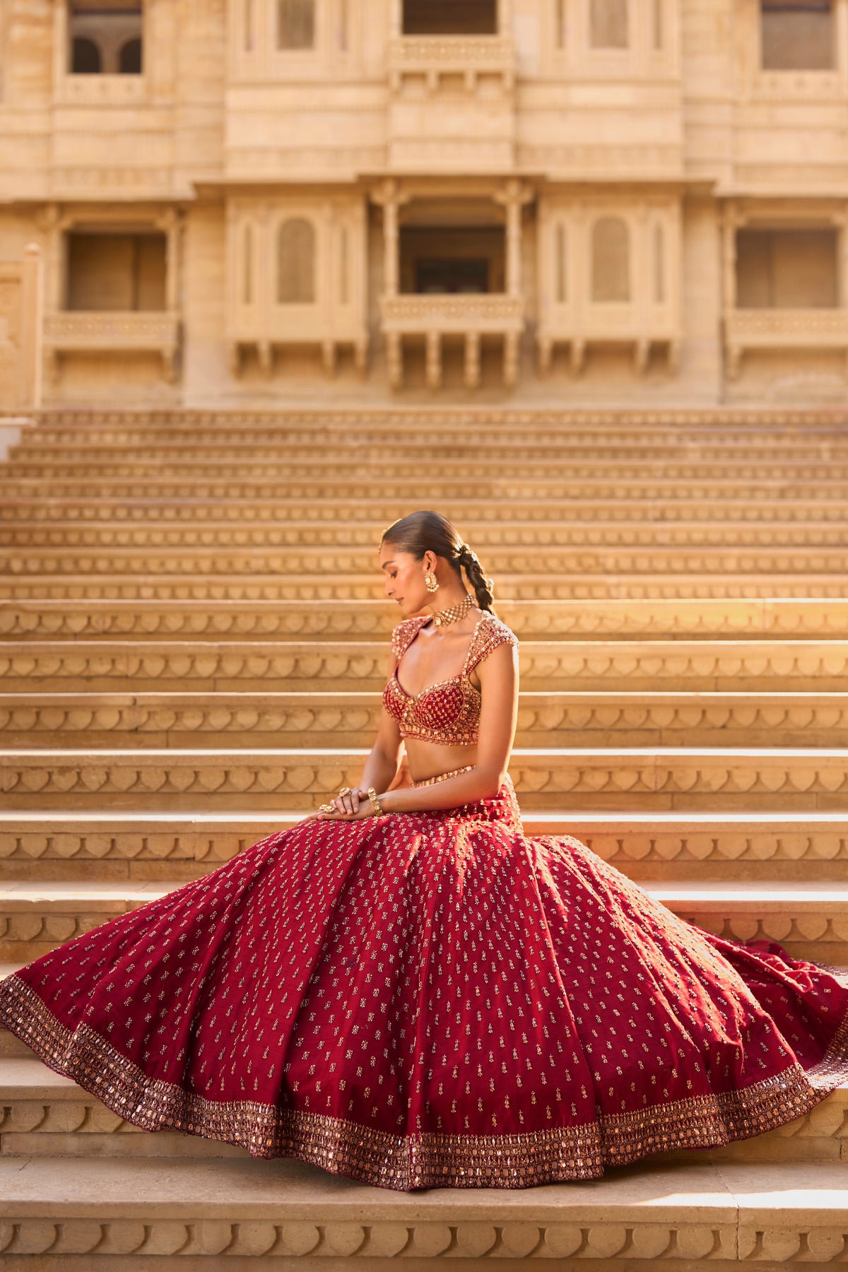 Dark Red Gold Zardosi Lehenga Set