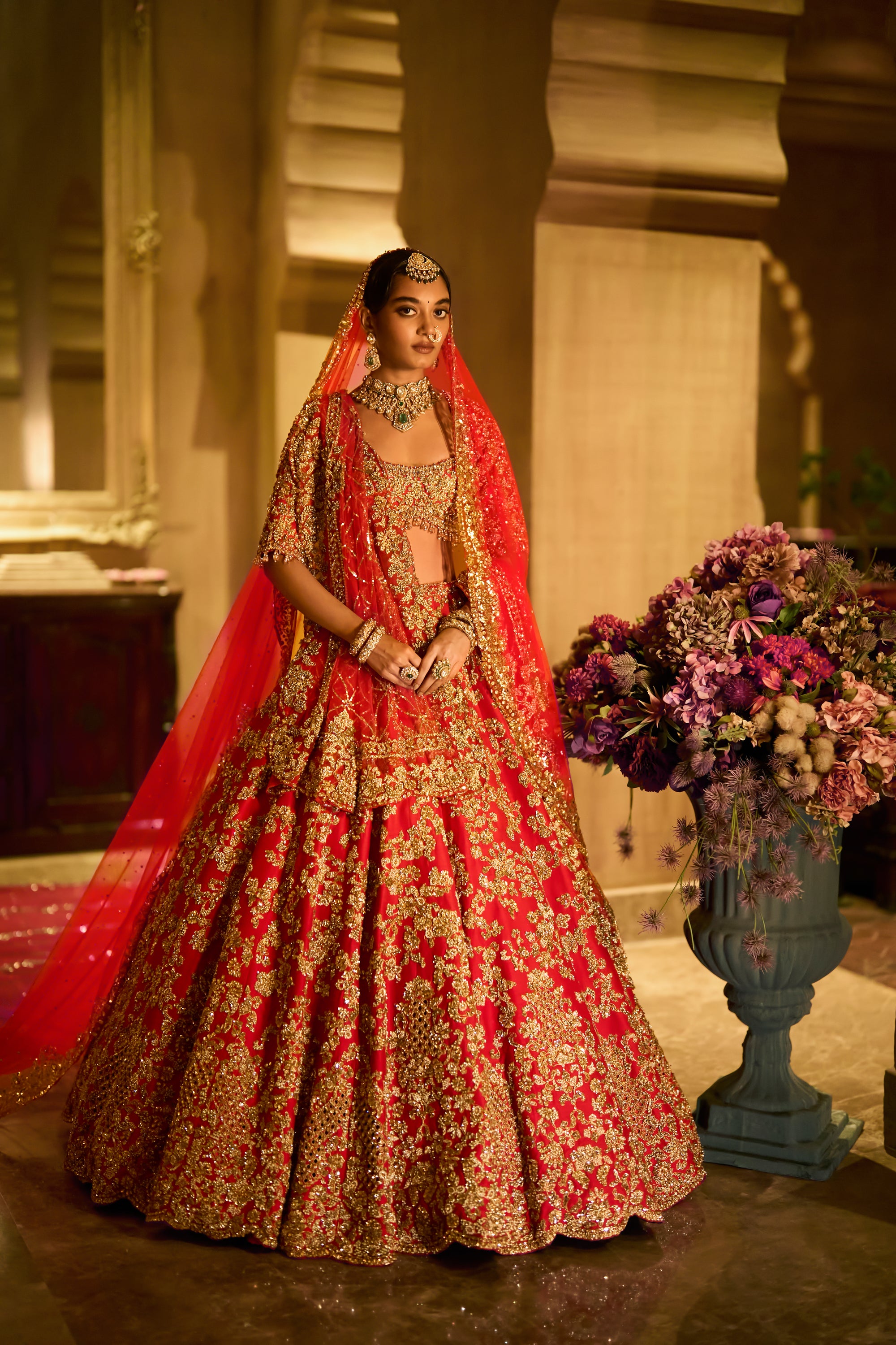 Red Zardosi Cut Work Lehenga Set