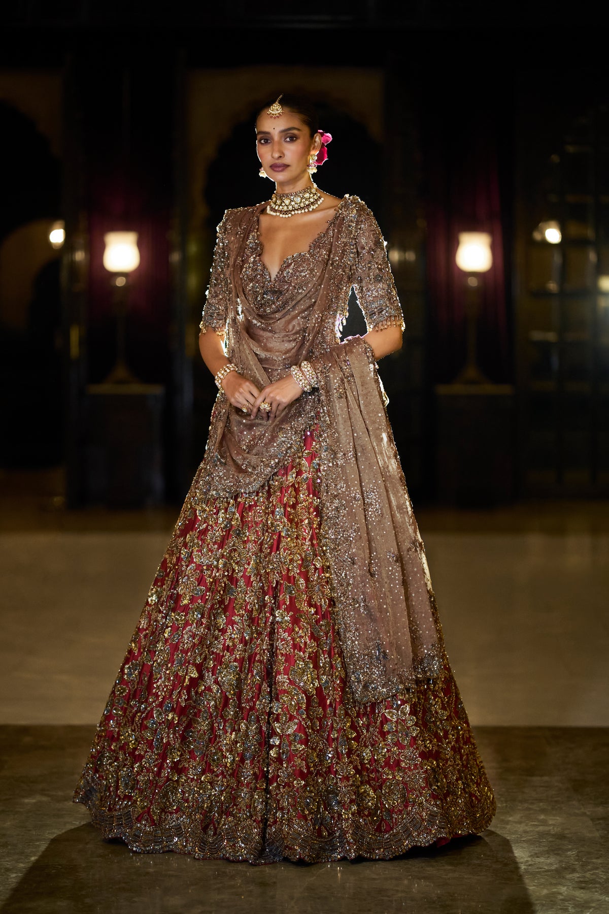 Antique Gold Maroon Lehenga Set