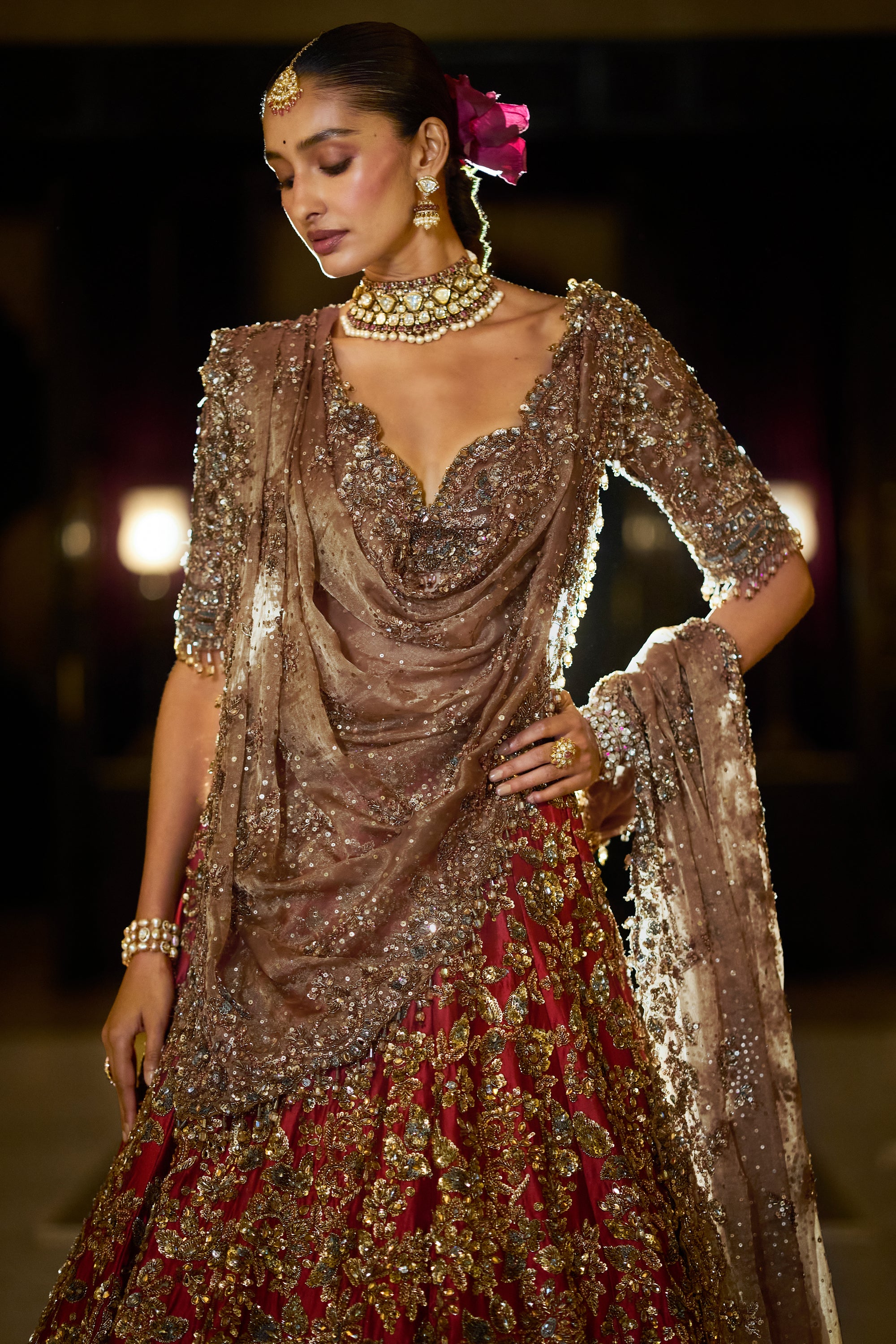 Antique Gold Maroon Lehenga Set
