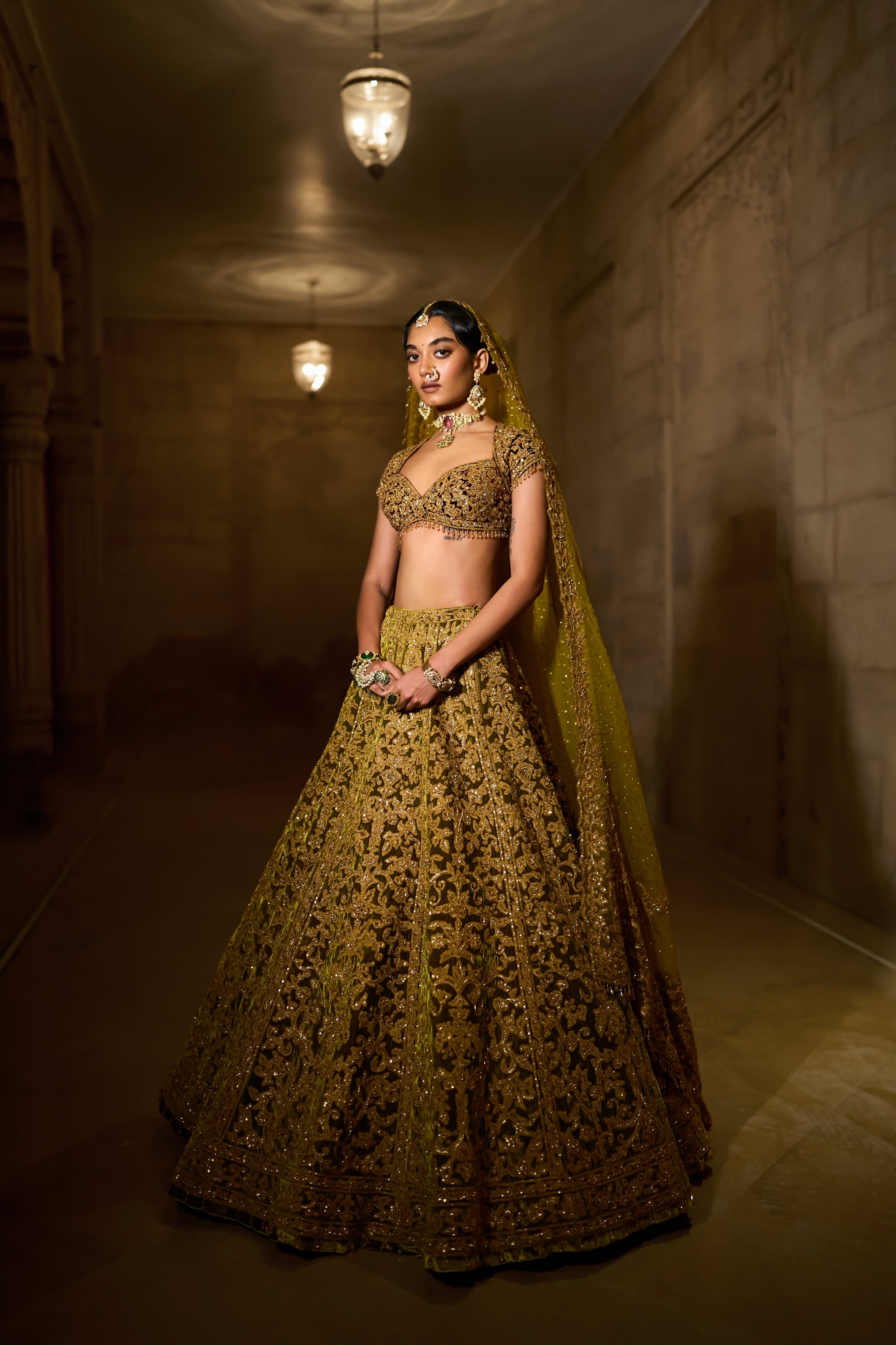 Green Velvet Zardosi Lehenga Set