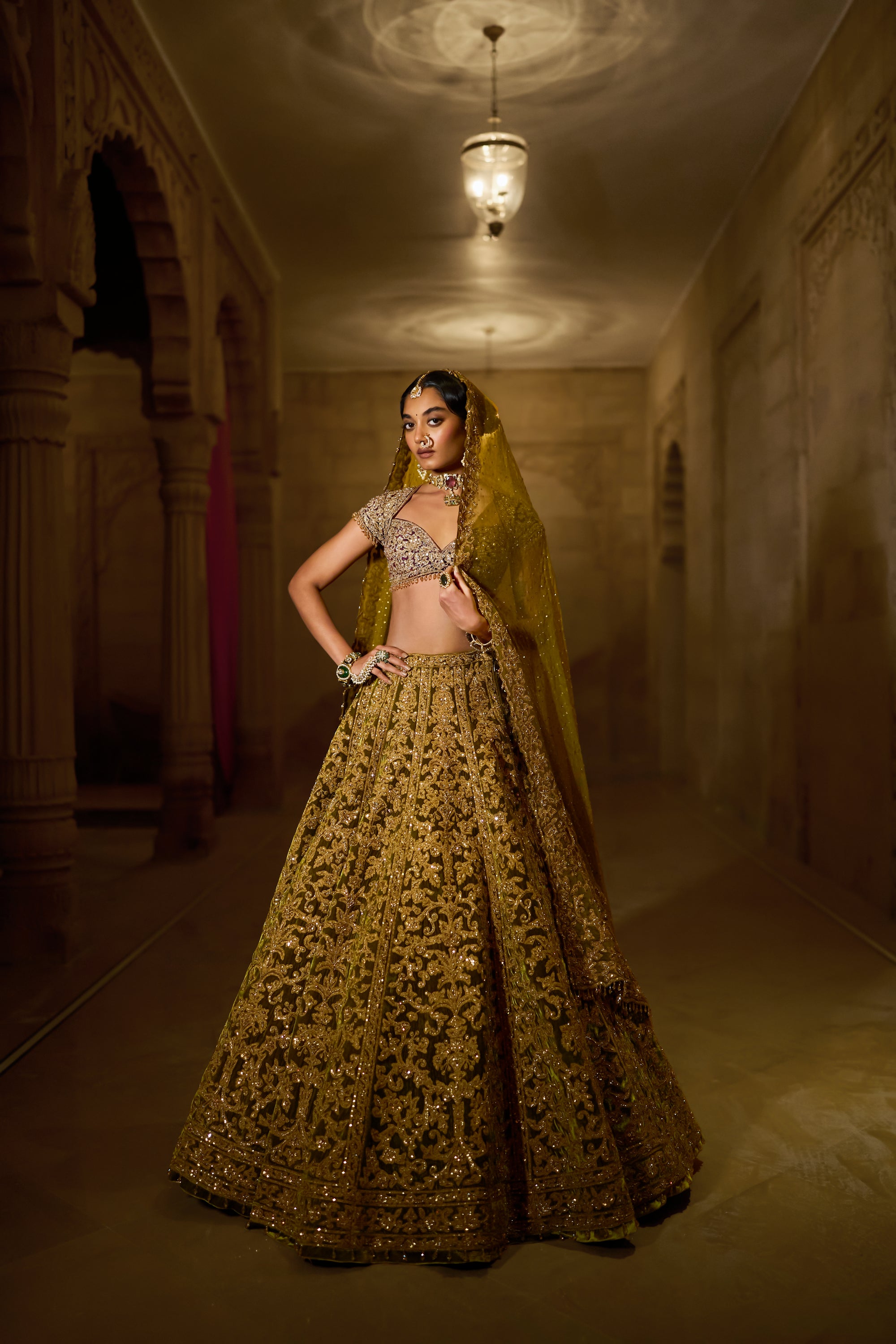 Green Velvet Zardosi Lehenga Set