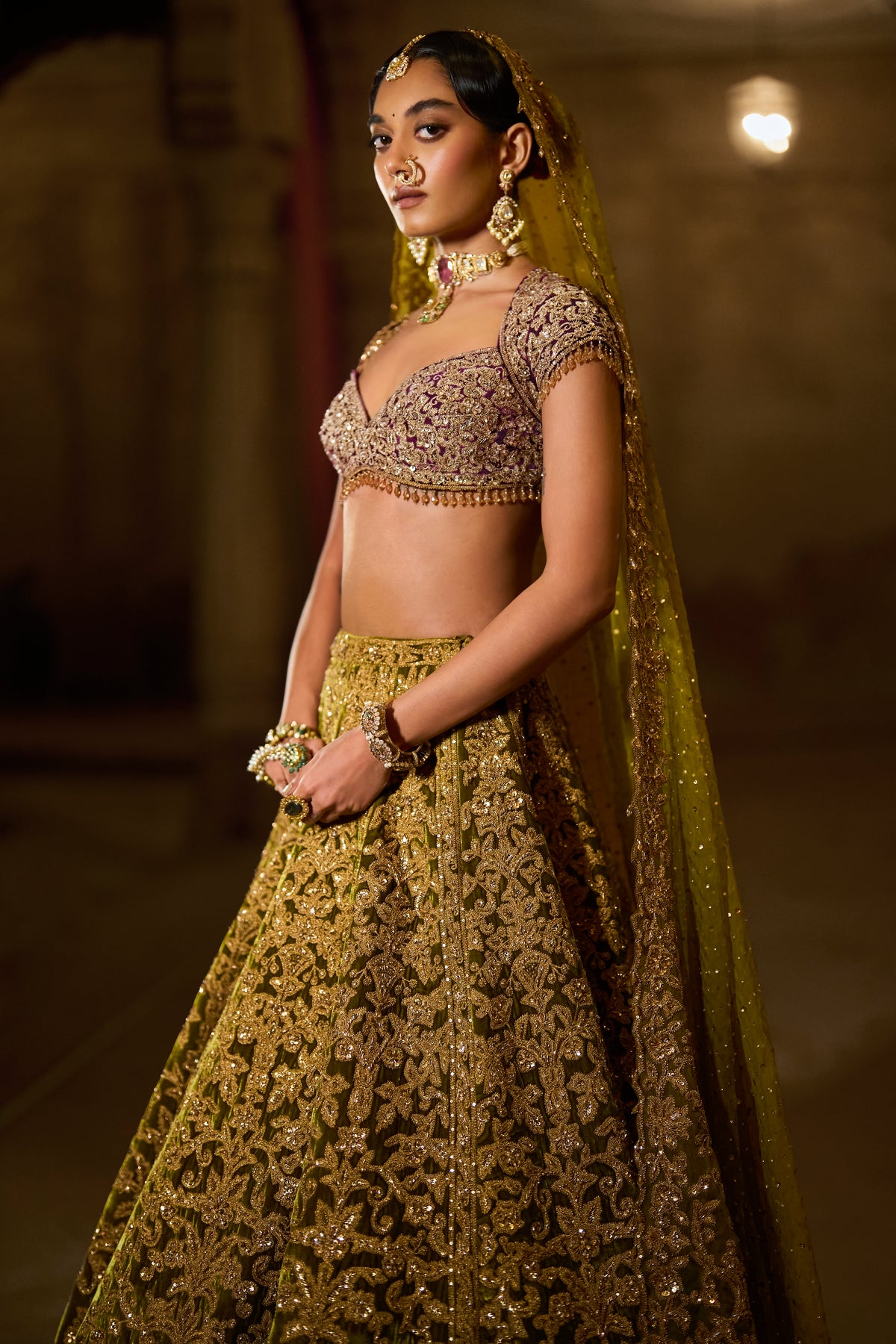 Green Velvet Zardosi Lehenga Set