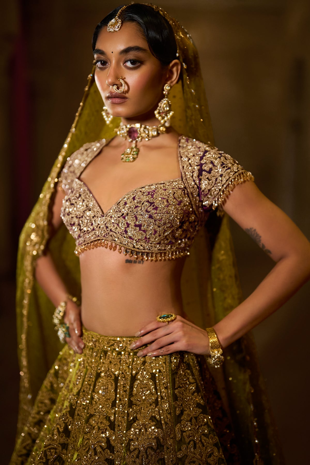 Green Velvet Zardosi Lehenga Set
