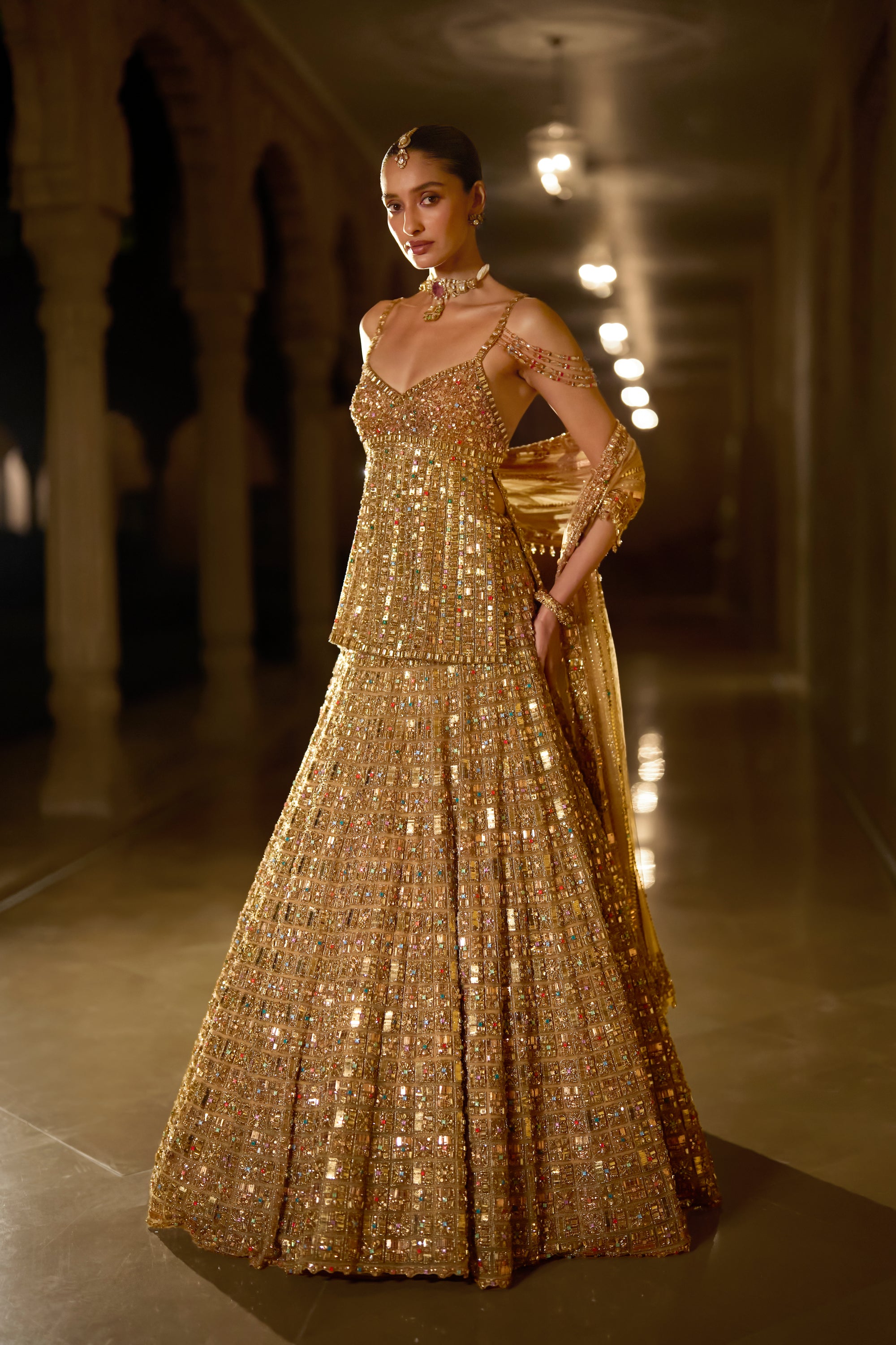 Antique Gold Multi-Coloured Stone Lehenga Set