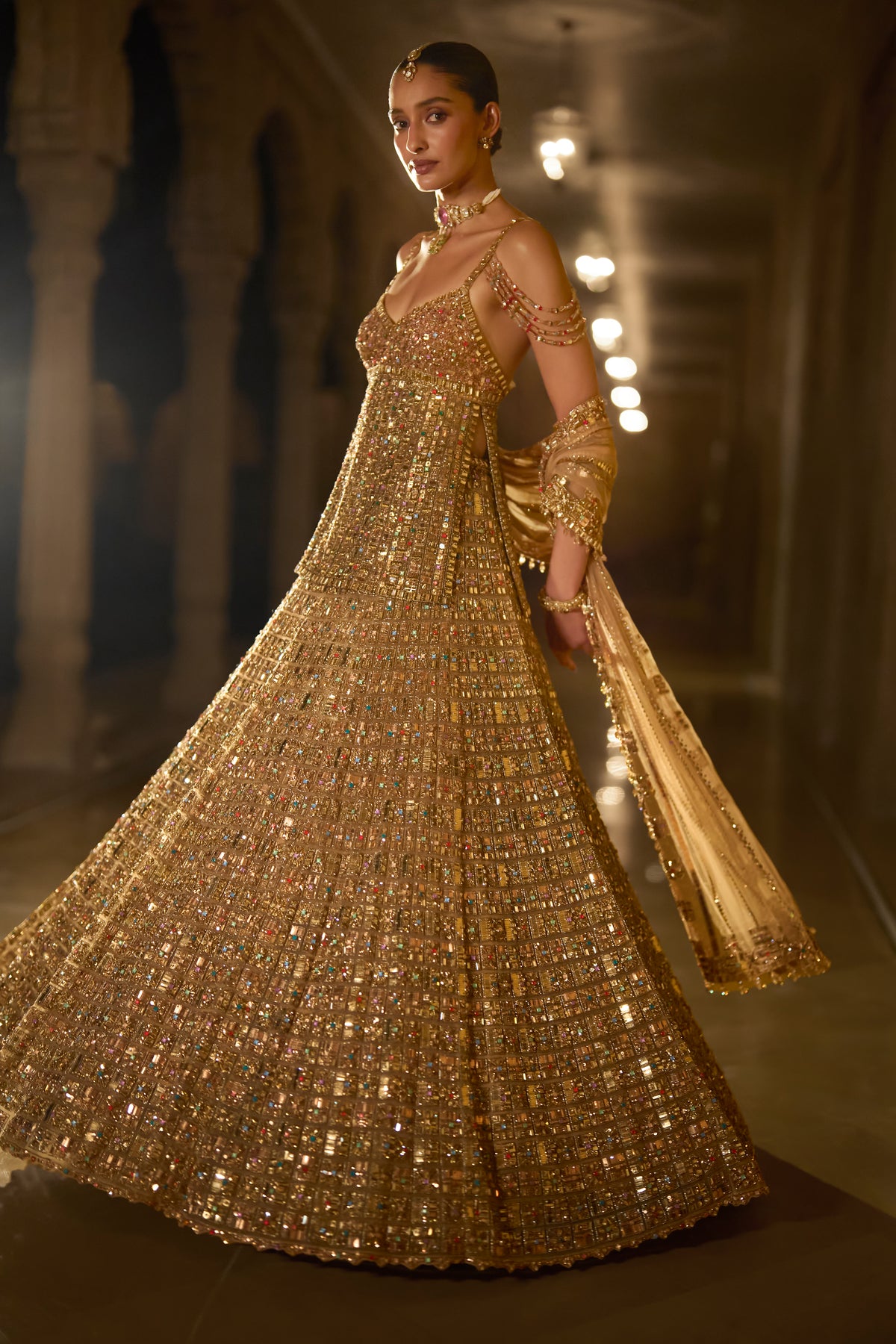 Antique Gold Multi-Coloured Stone Lehenga Set