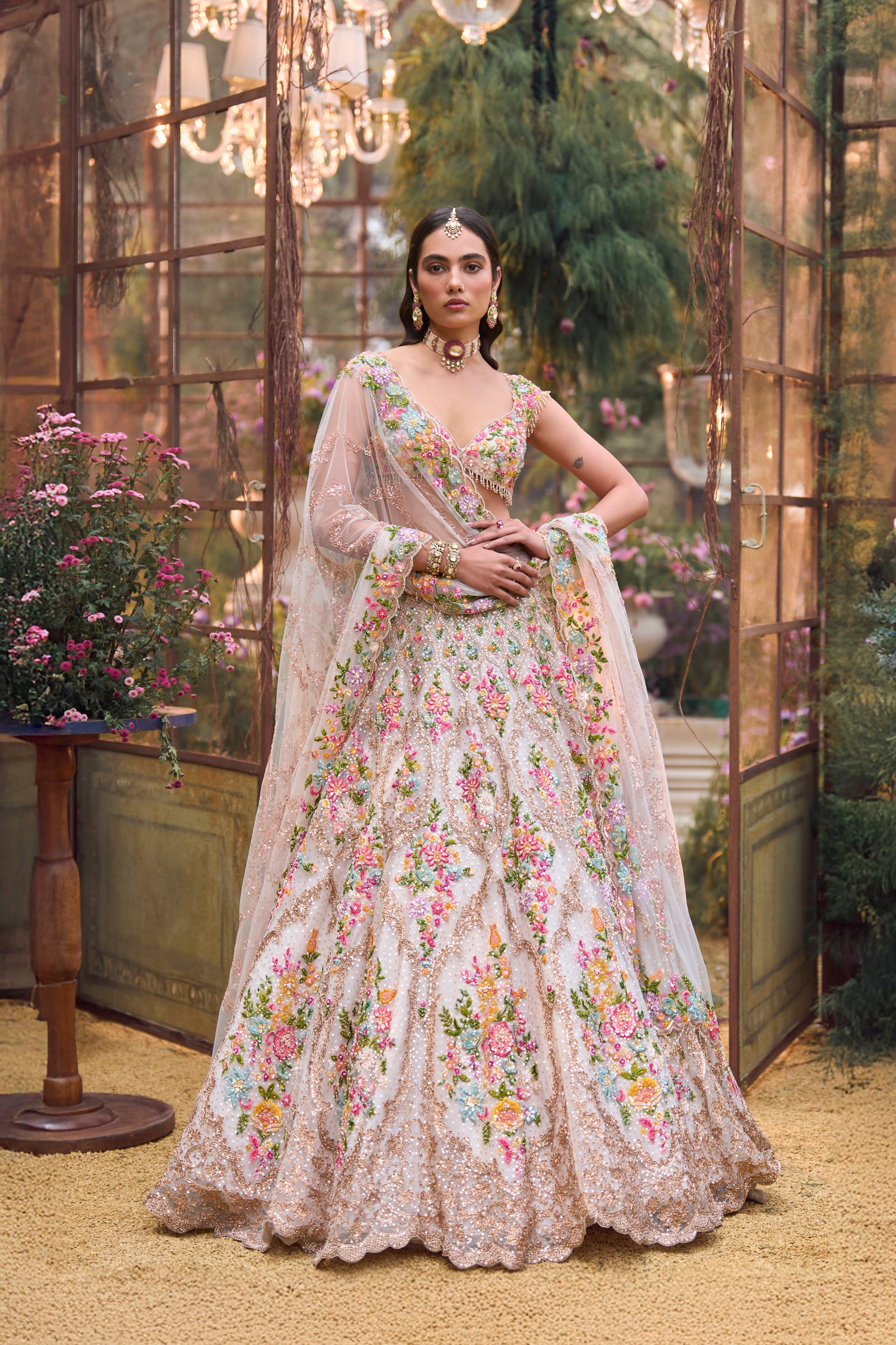 Multi-Coloured Floral Lehenga Set